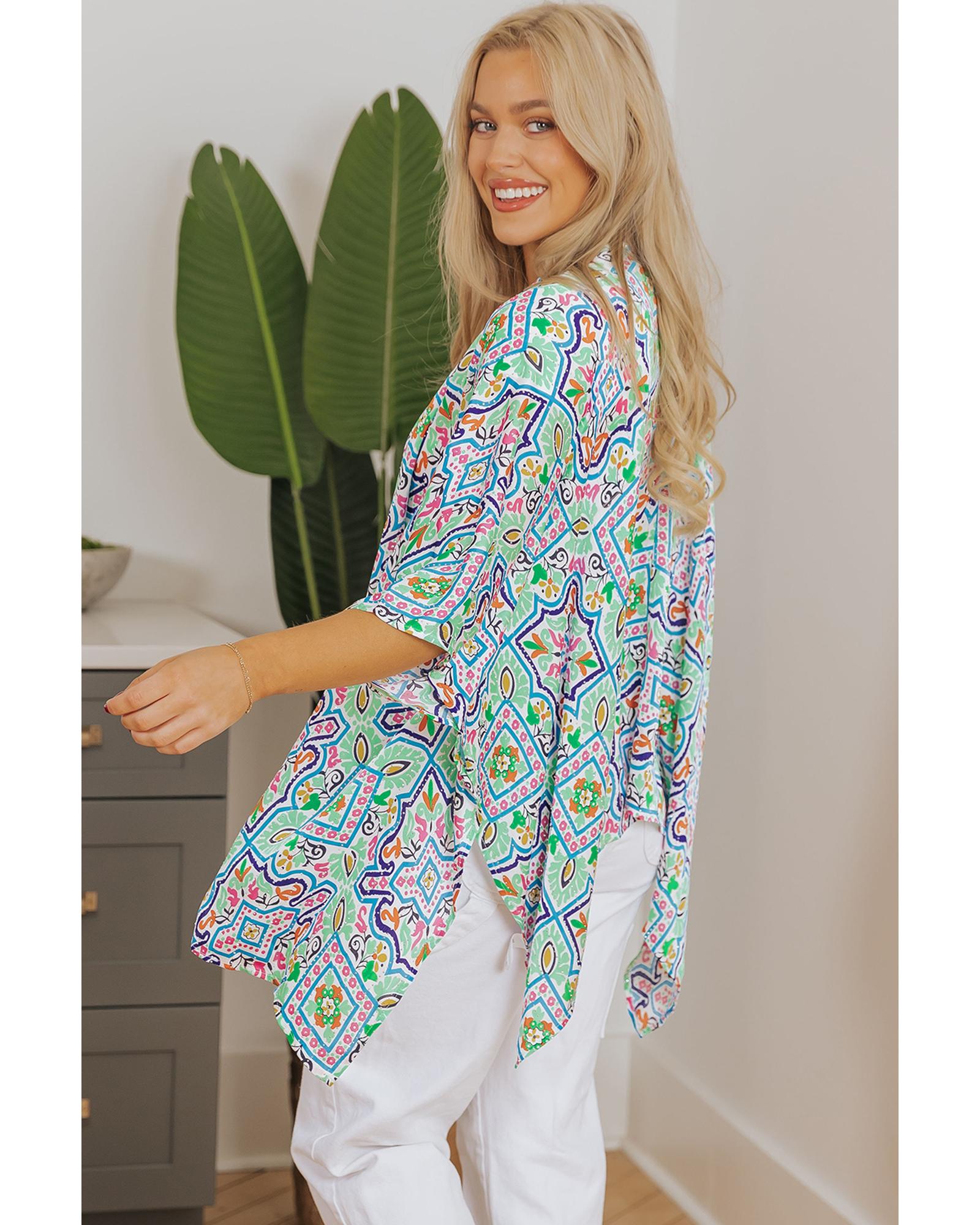 White Boho Floral Printed Rhinestone 3/4 Sleeve Open Front Kimono - M 3