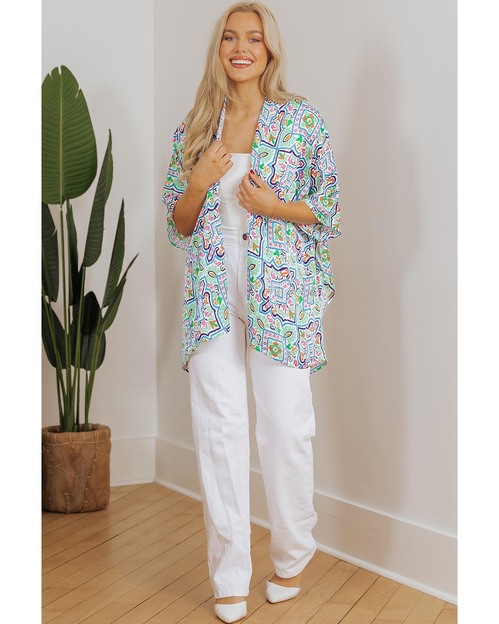White Boho Floral Printed Rhinestone 3/4 Sleeve Open Front Kimono - M 6