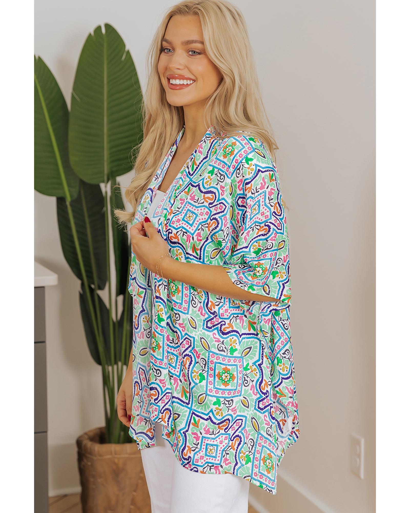 White Boho Floral Printed Rhinestone 3/4 Sleeve Open Front Kimono - XL 4