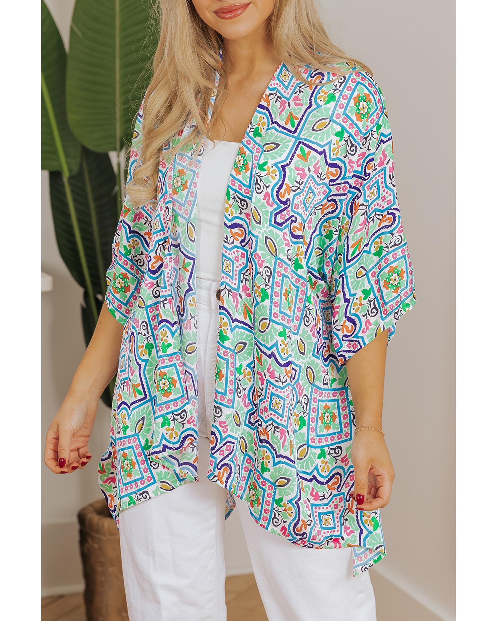 White Boho Floral Printed Rhinestone 3/4 Sleeve Open Front Kimono - XL 5