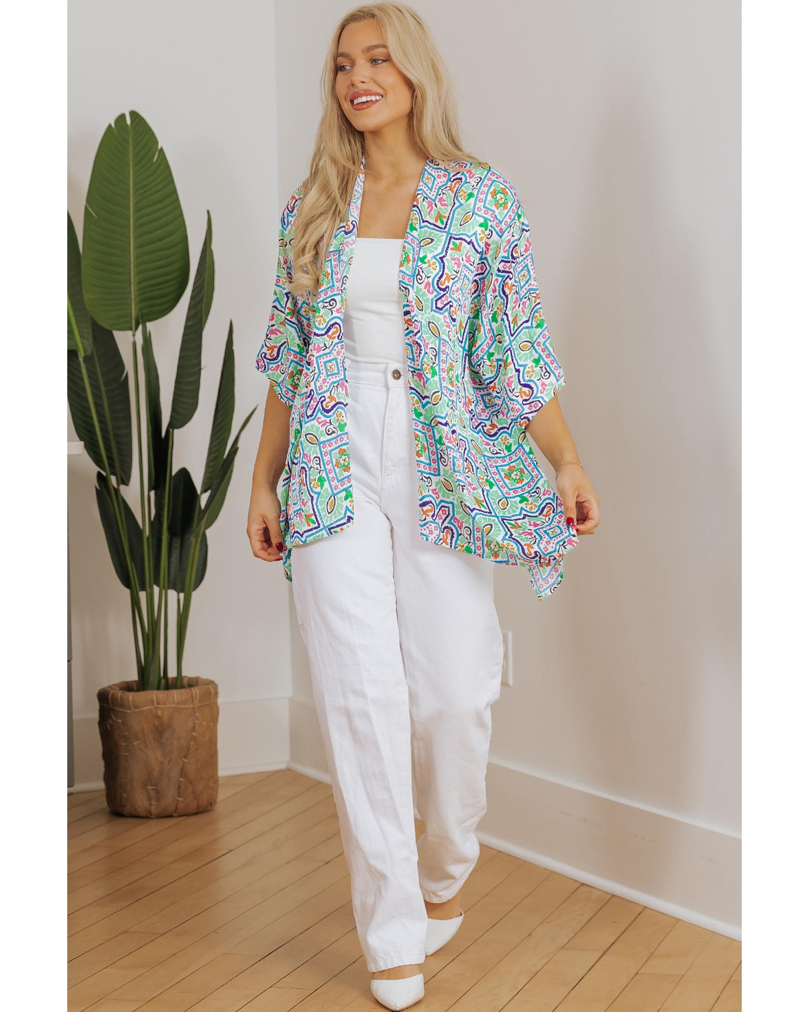 White Boho Floral Printed Rhinestone 3/4 Sleeve Open Front Kimono - XL 7