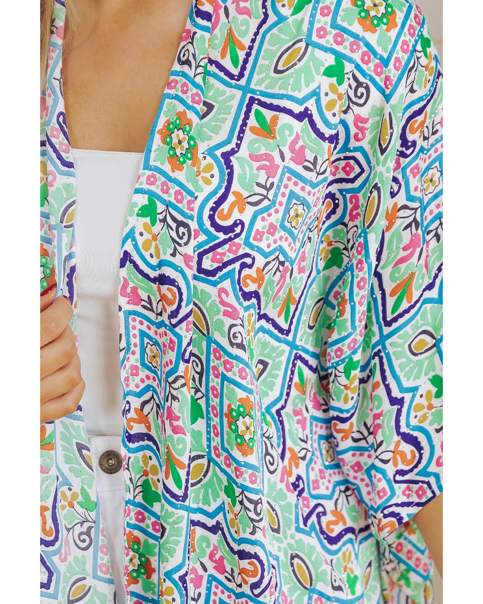 White Boho Floral Printed Rhinestone 3/4 Sleeve Open Front Kimono - XL 8