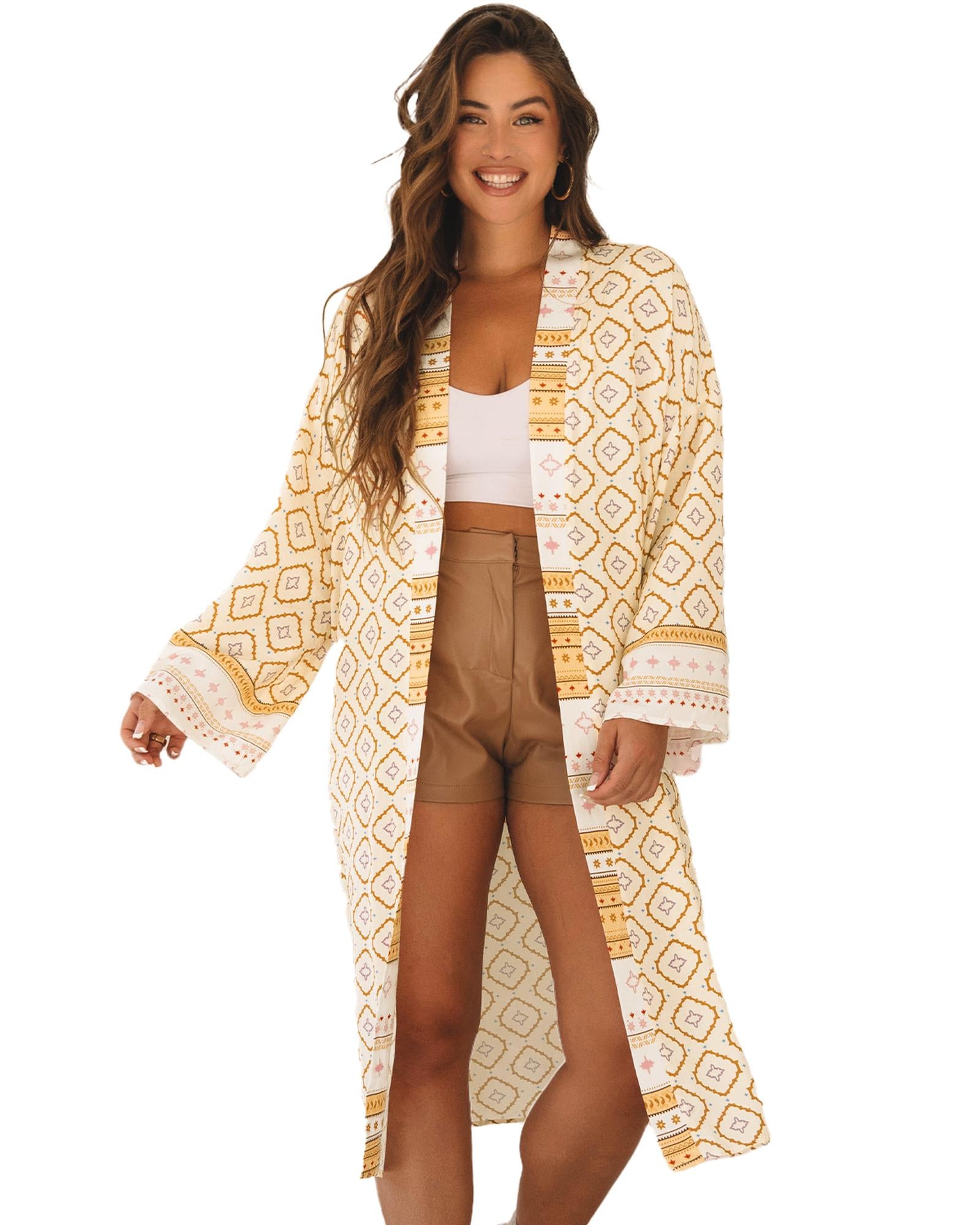 Yellow Bohemian Geometric Printed Loose Sleeve Long Kimono - L 5