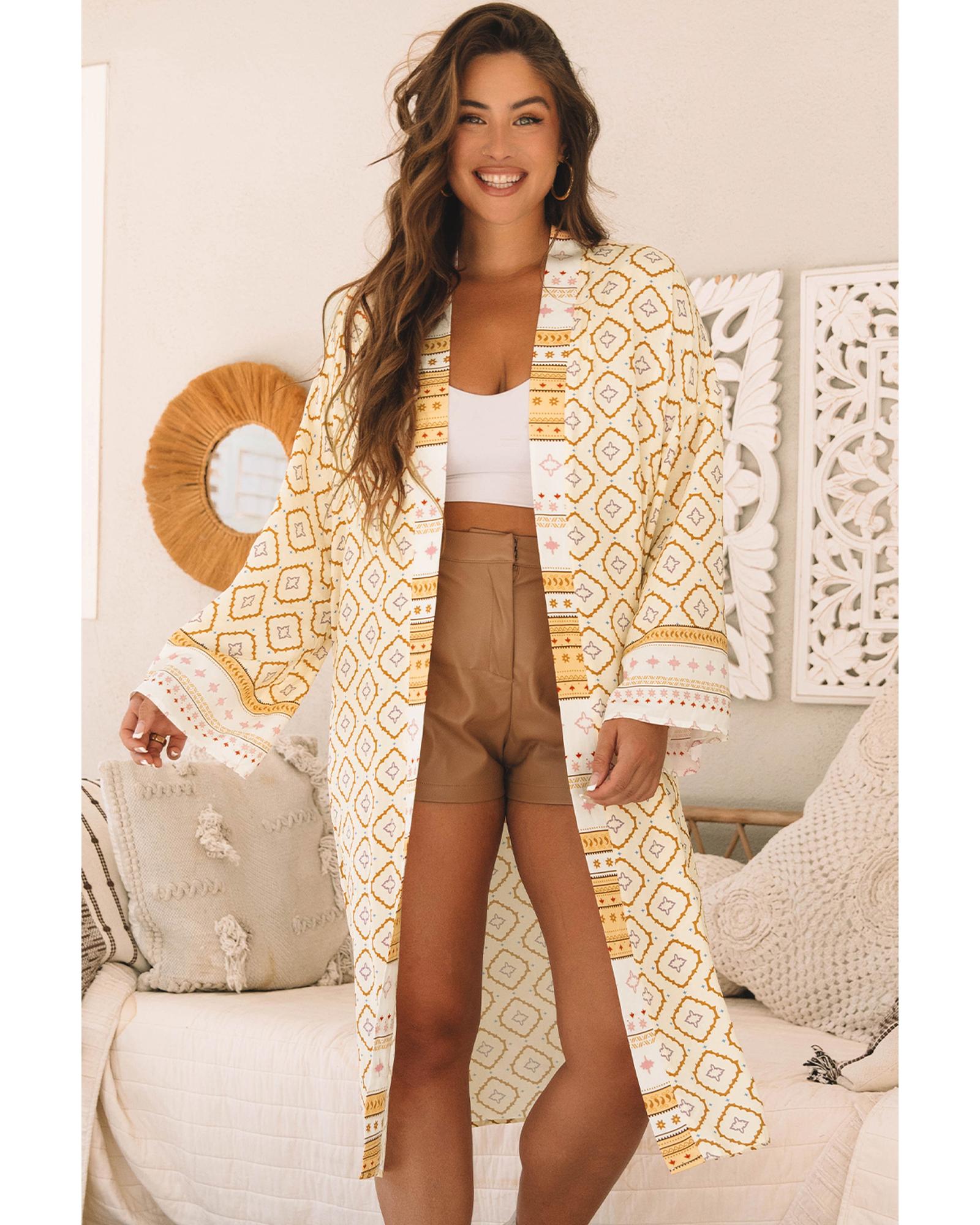 Yellow Bohemian Geometric Printed Loose Sleeve Long Kimono - XL 3