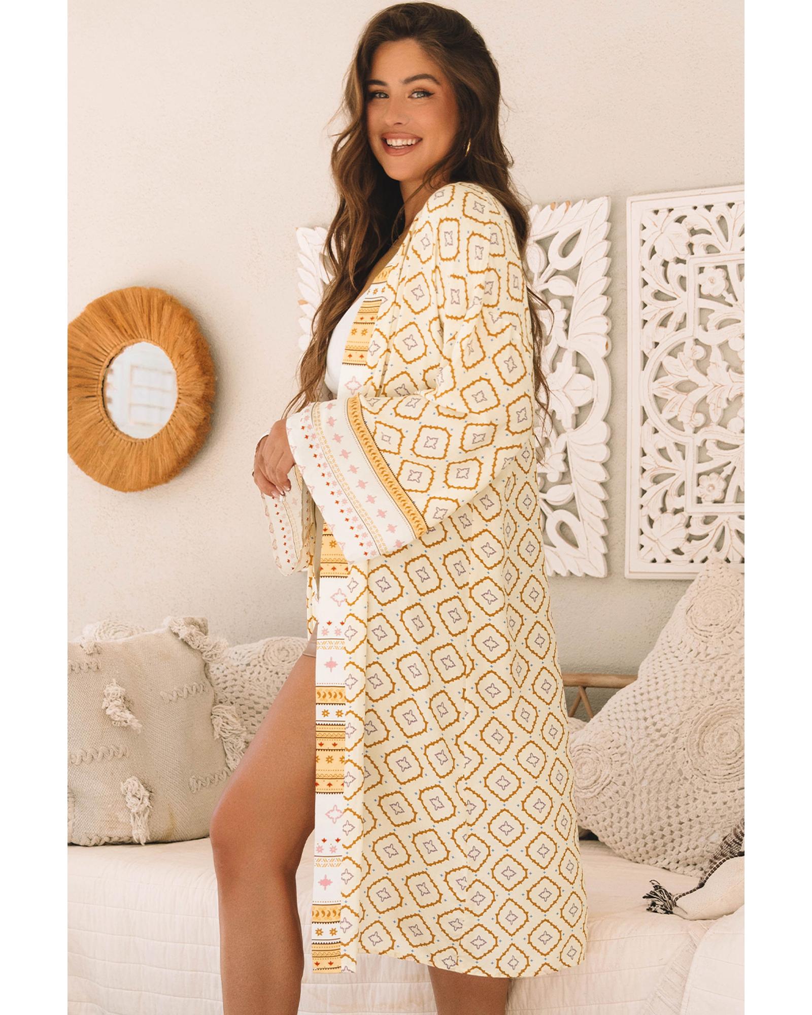 Yellow Bohemian Geometric Printed Loose Sleeve Long Kimono - XL 7