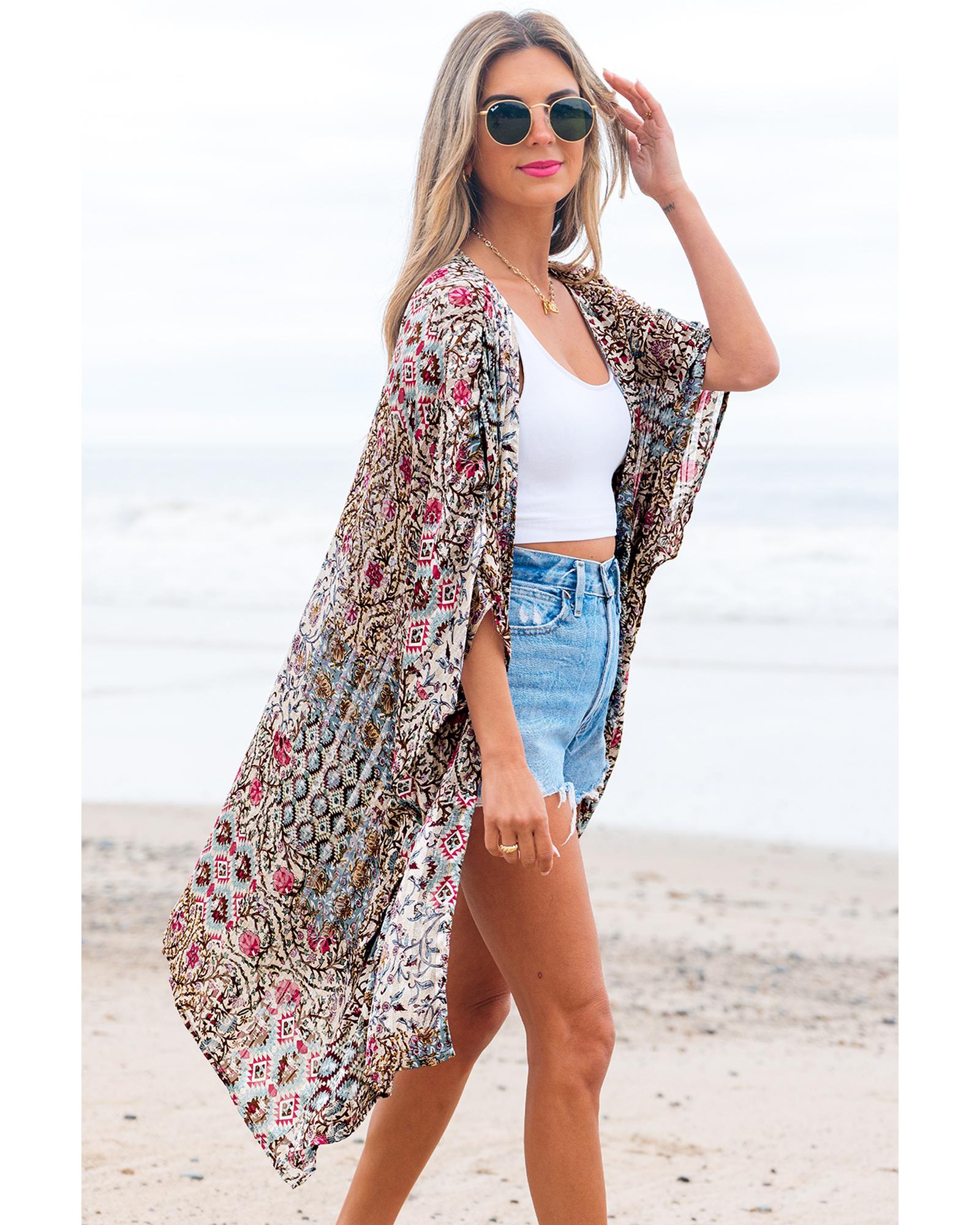 Apricot Floral Print Short Wide Sleeve Open Front Loose Kimono - One Size 3