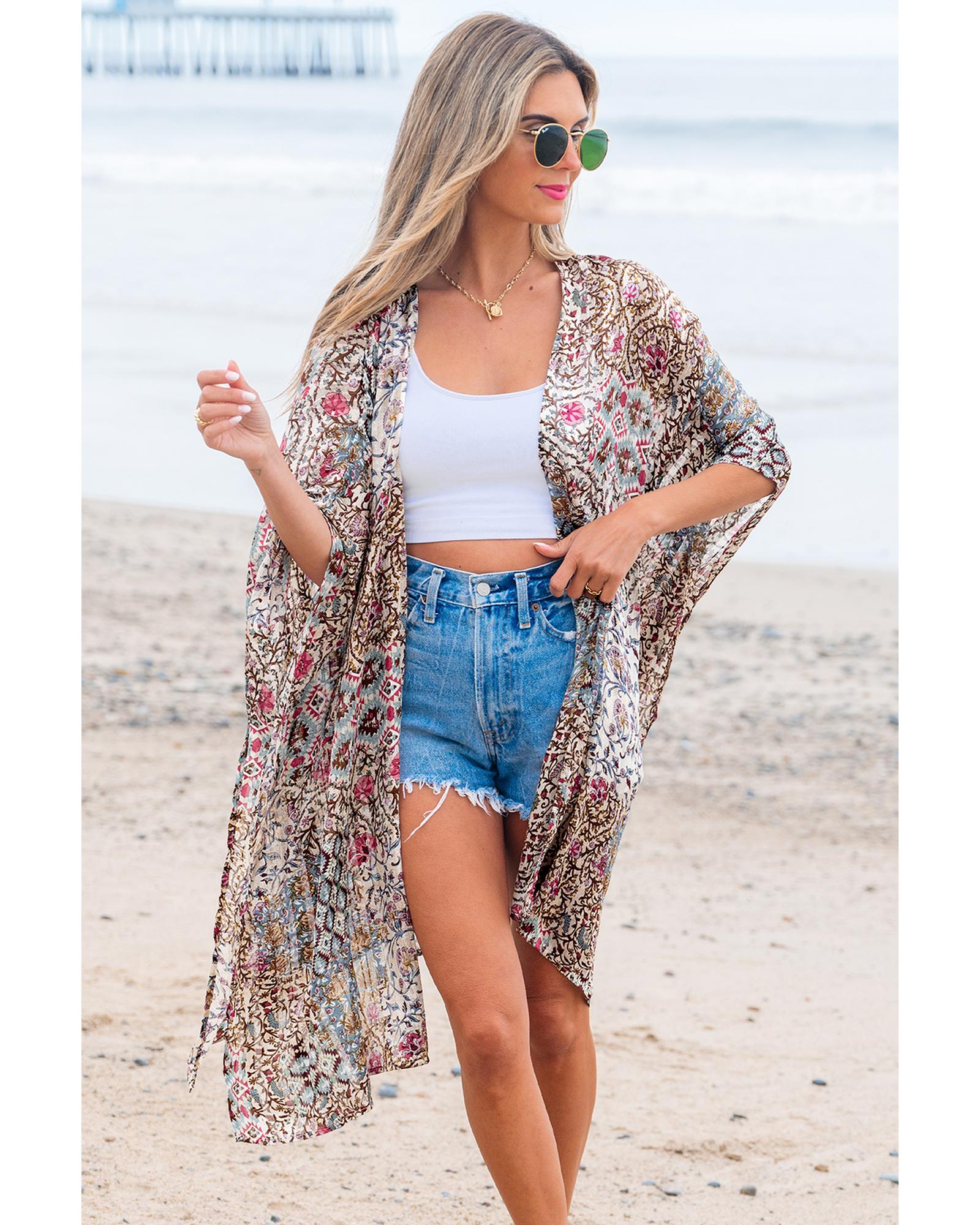 Apricot Floral Print Short Wide Sleeve Open Front Loose Kimono - One Size 4
