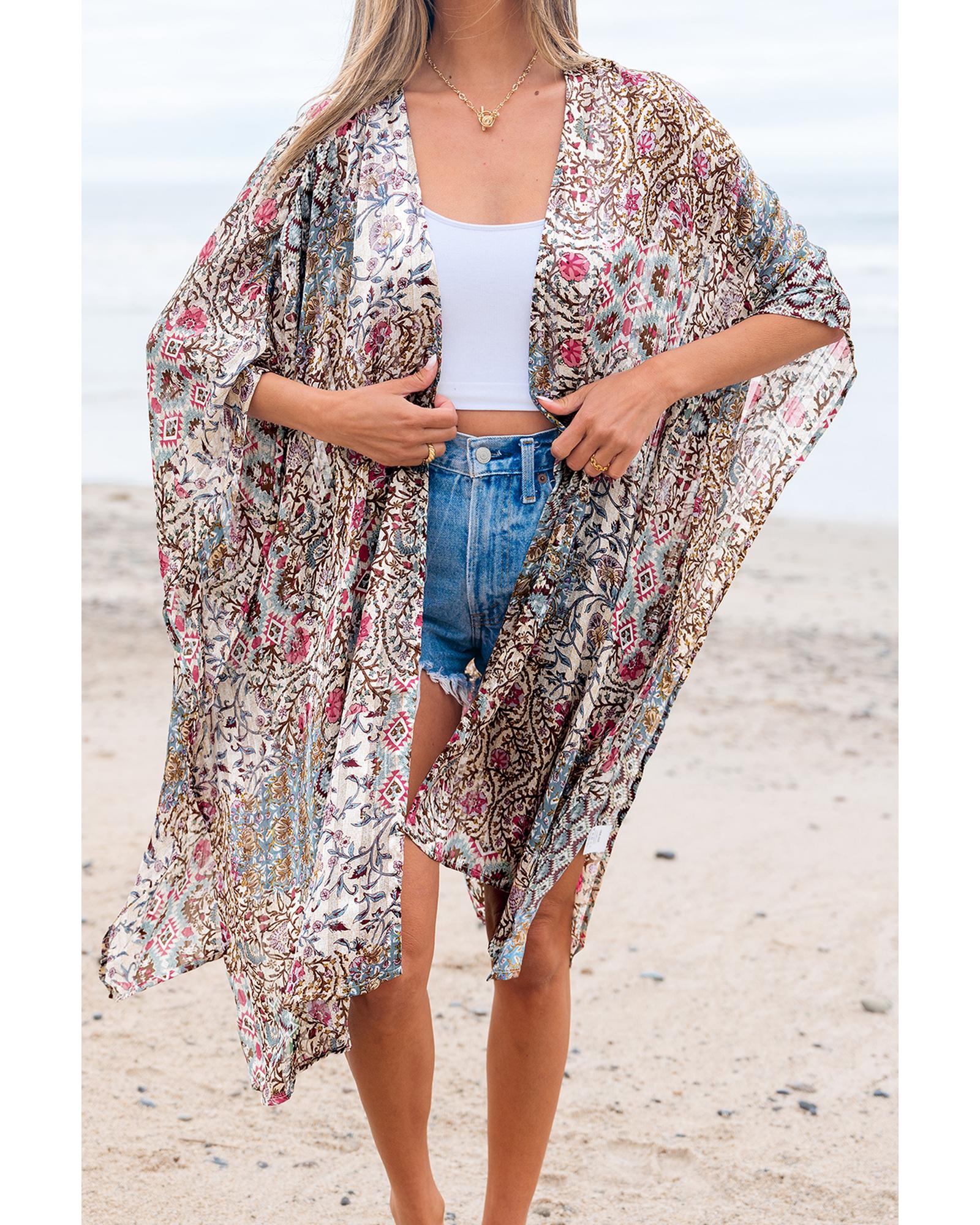Apricot Floral Print Short Wide Sleeve Open Front Loose Kimono - One Size 5