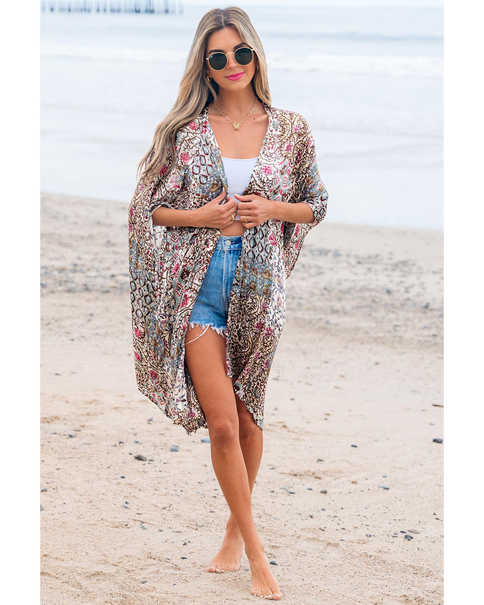 Apricot Floral Print Short Wide Sleeve Open Front Loose Kimono - One Size 6