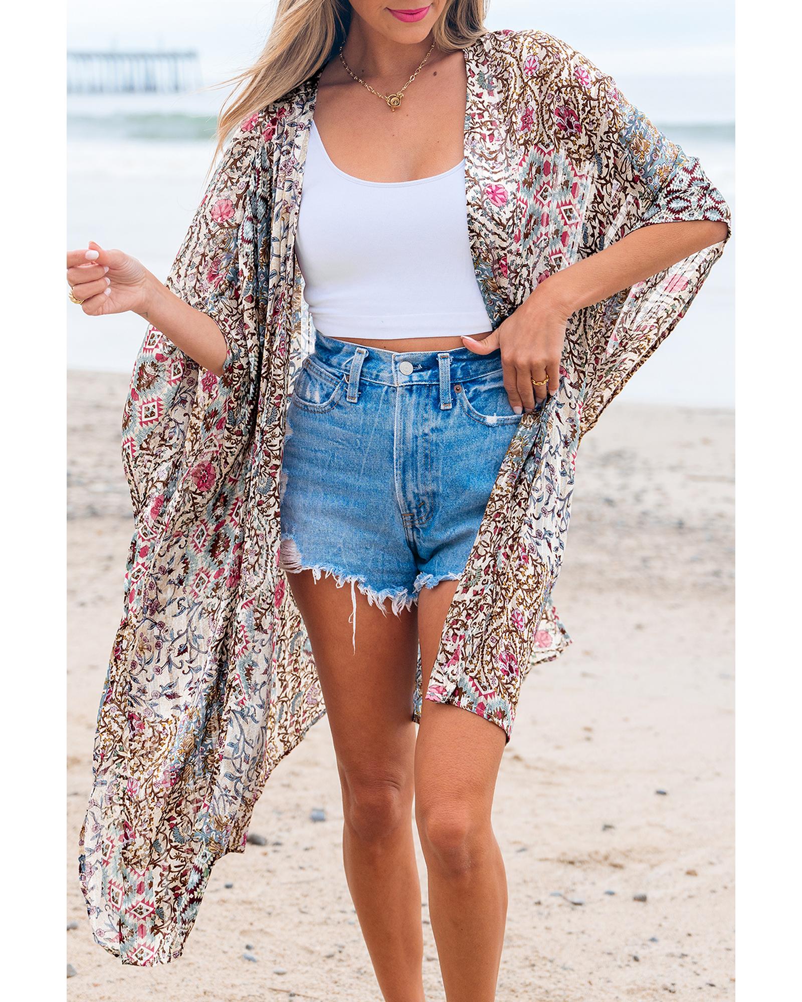 Apricot Floral Print Short Wide Sleeve Open Front Loose Kimono - One Size 7