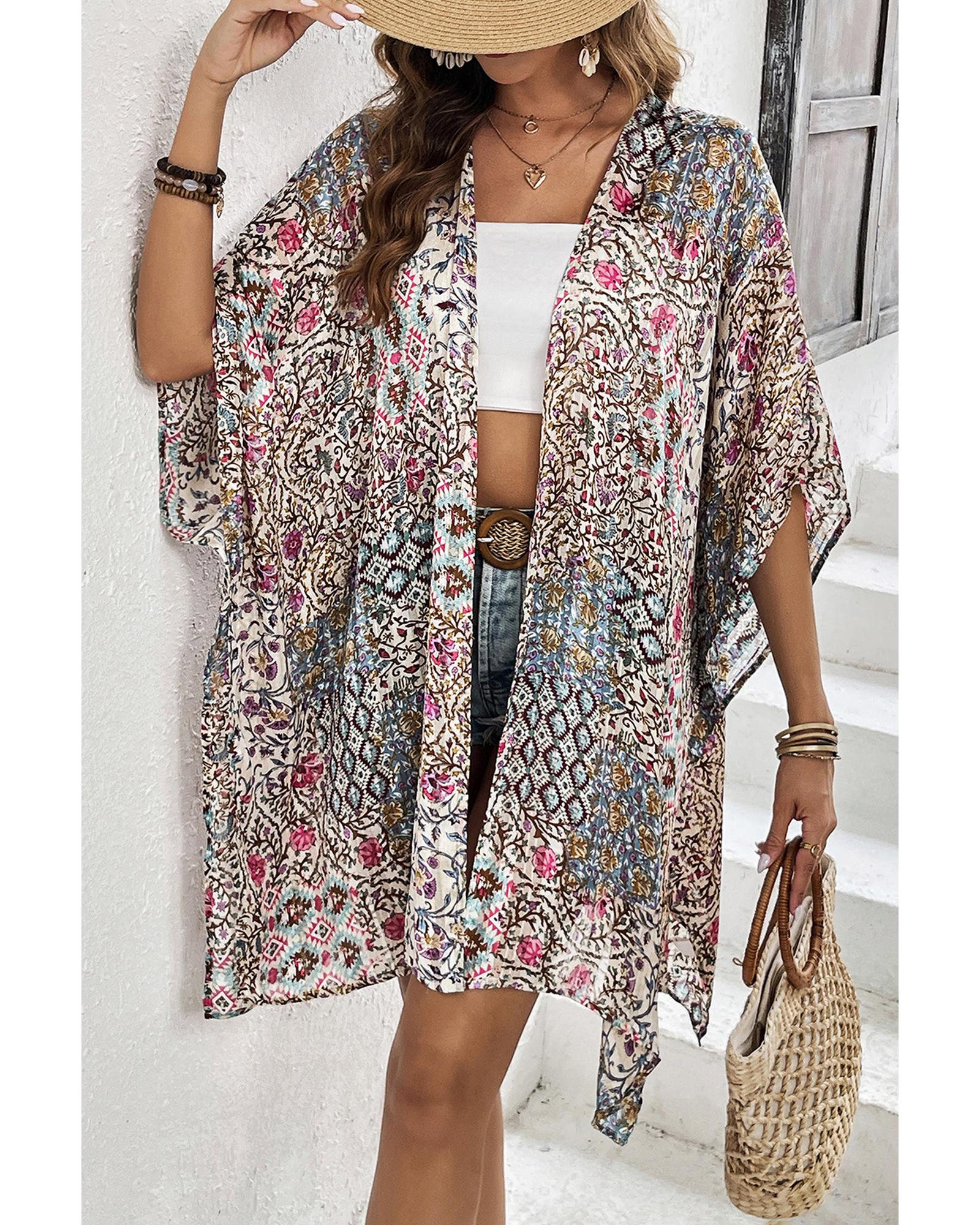 Apricot Floral Print Short Wide Sleeve Open Front Loose Kimono - One Size 8