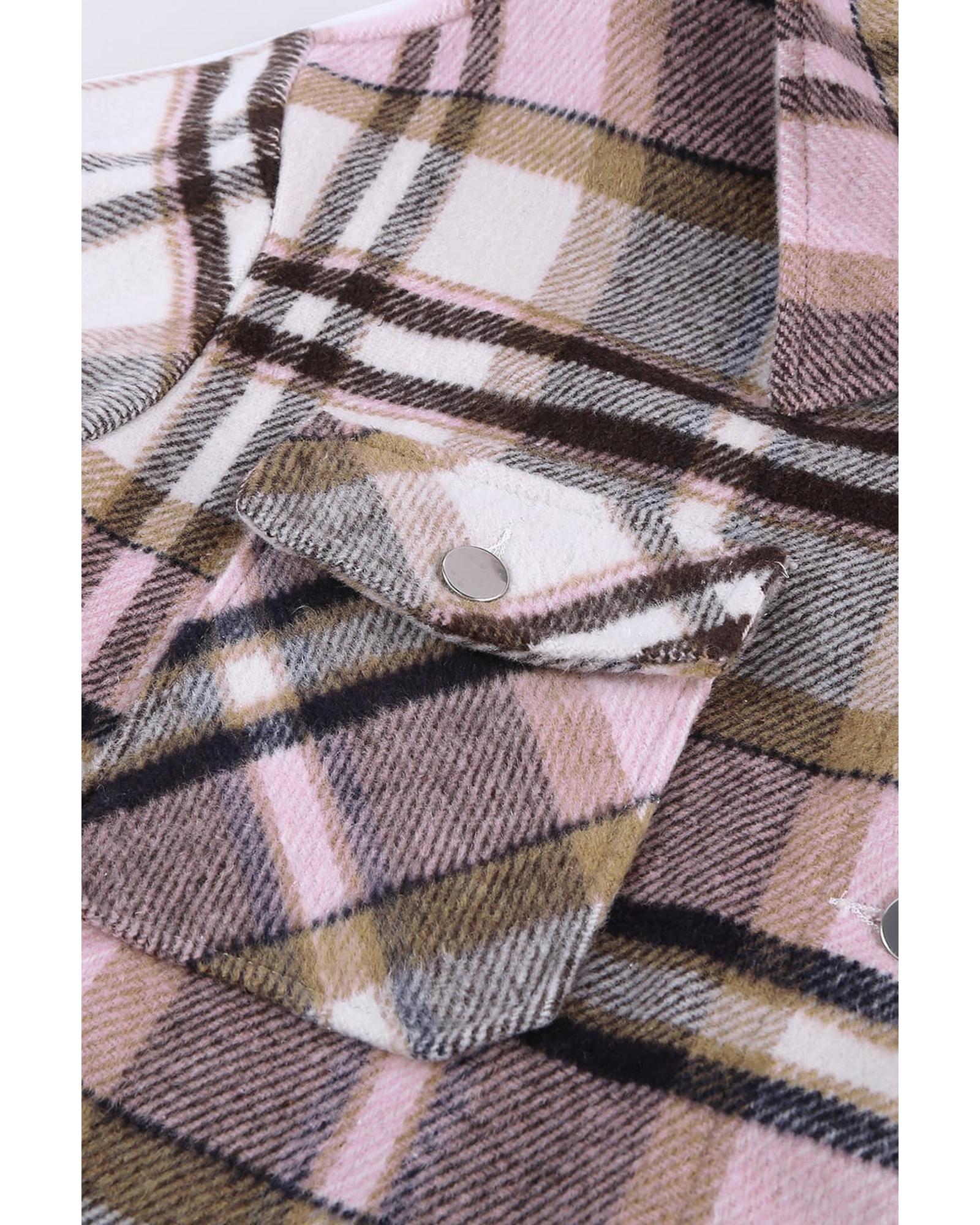 Azura Exchange Pink Geometric Plaid Print Pocketed Shacket - L