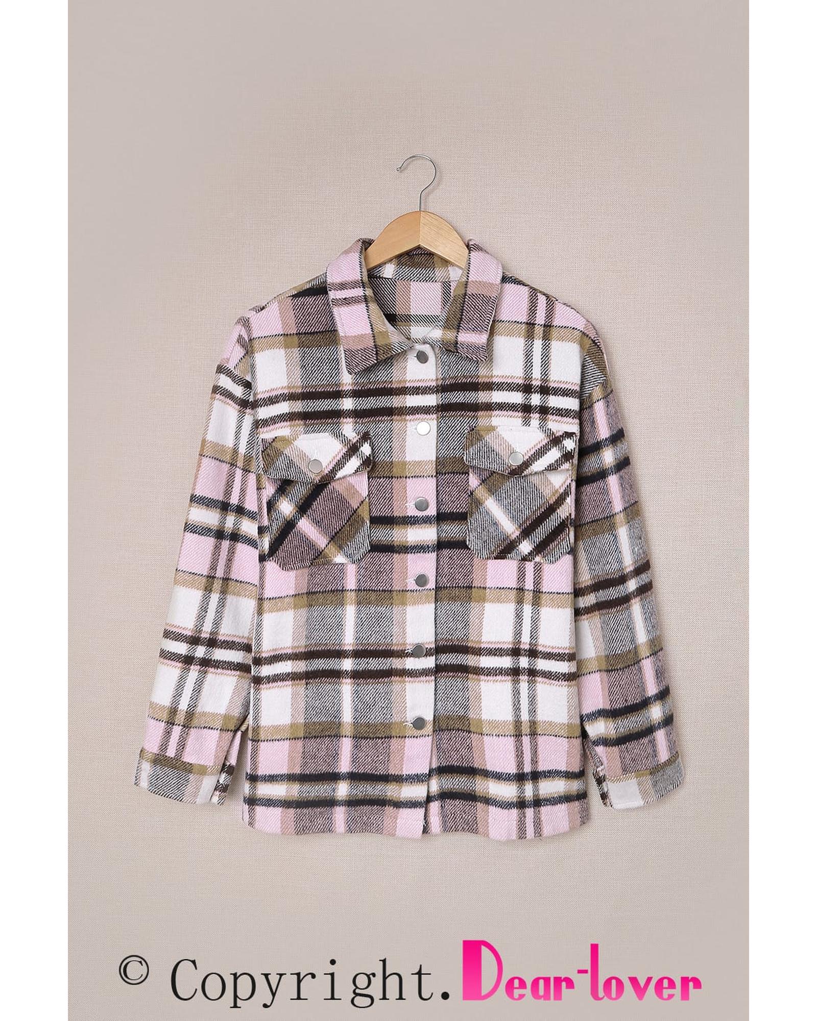 Azura Exchange Pink Geometric Plaid Print Pocketed Shacket - L 6