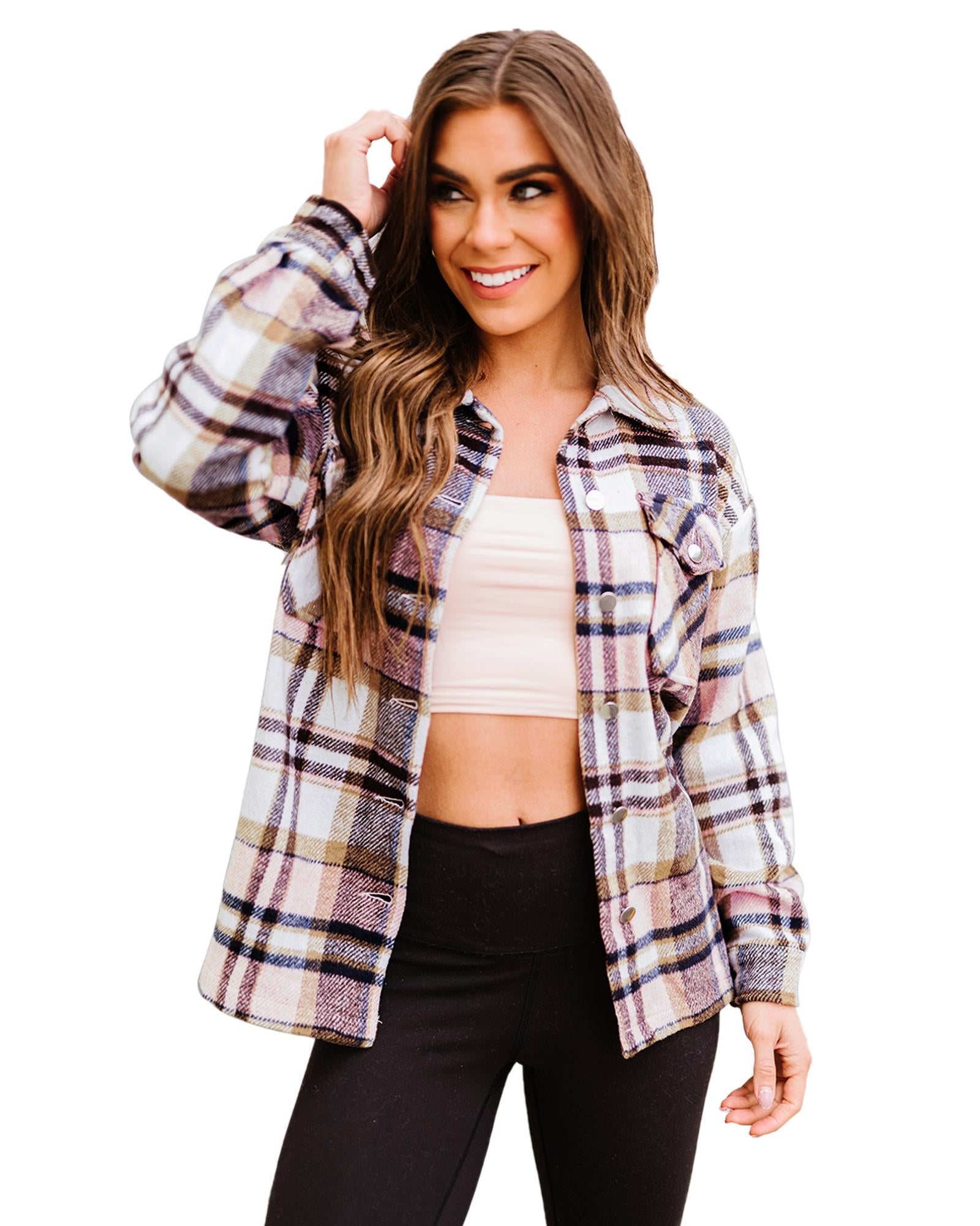 Azura Exchange Pink Geometric Plaid Print Pocketed Shacket - M 4