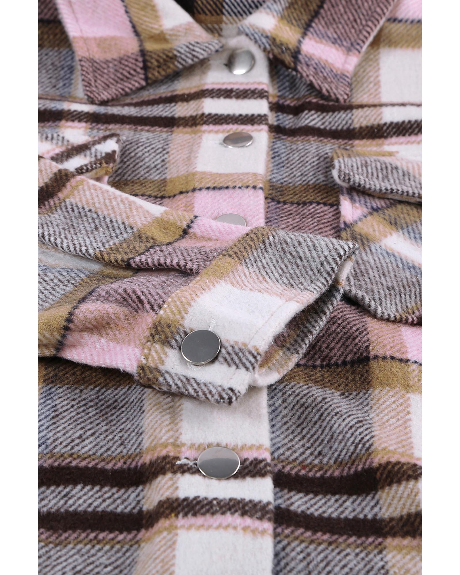Azura Exchange Pink Geometric Plaid Print Pocketed Shacket - S 7