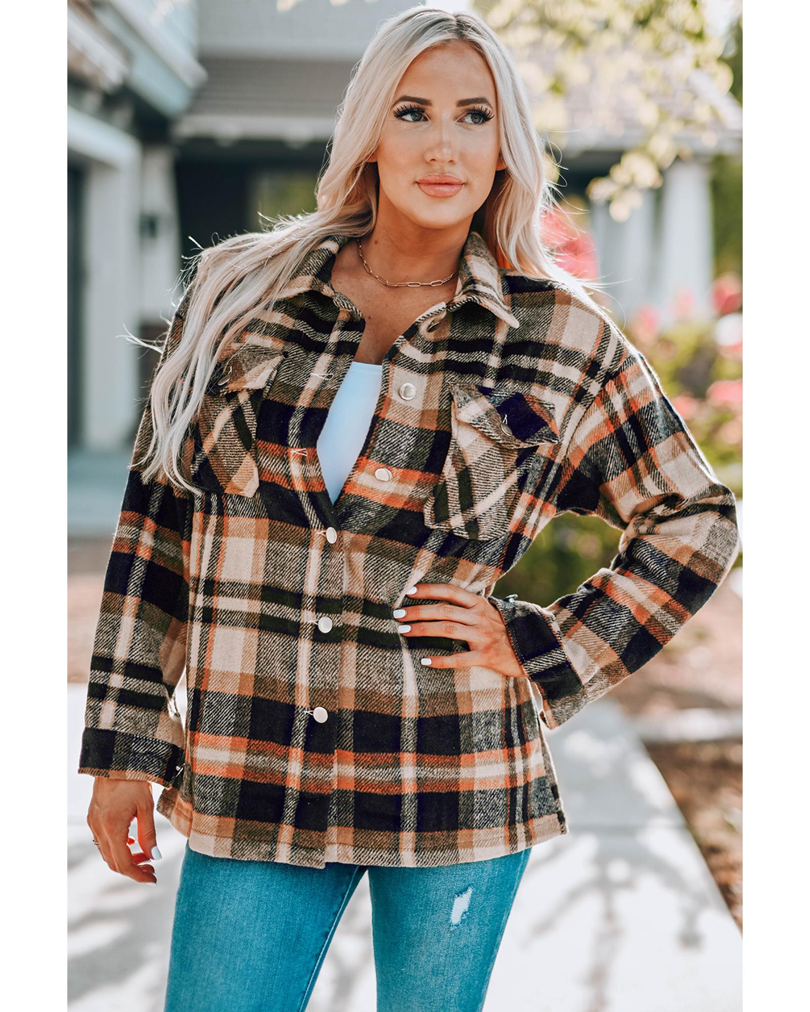 Orange Geometric Plaid Print Pocketed Shacket - M 3