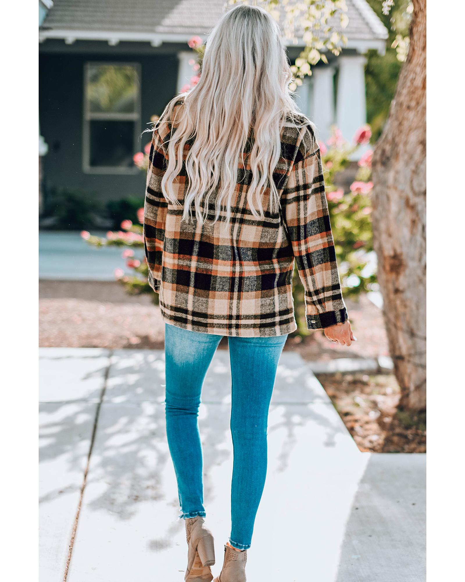 Orange Geometric Plaid Print Pocketed Shacket - M 4