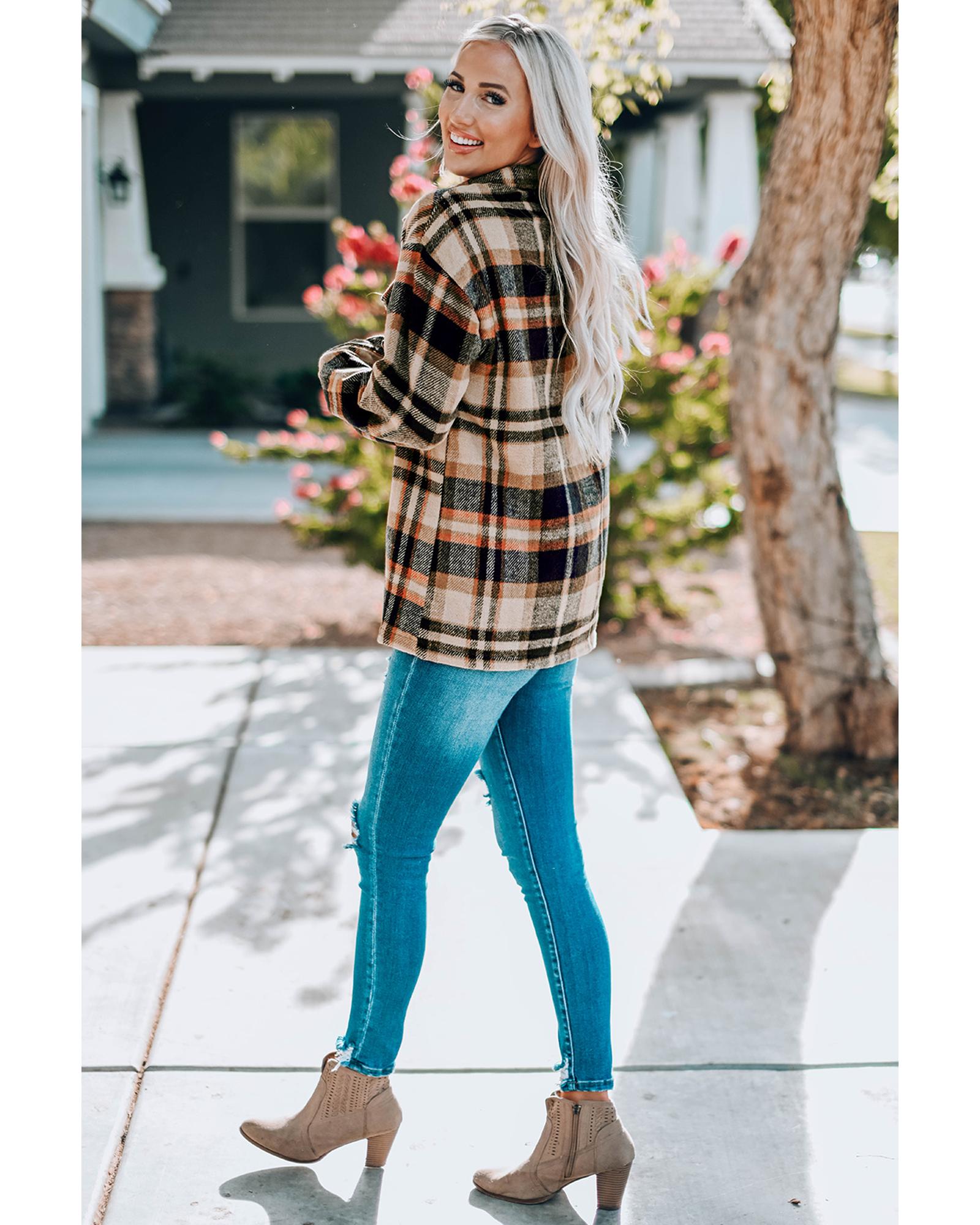 Orange Geometric Plaid Print Pocketed Shacket - M 5