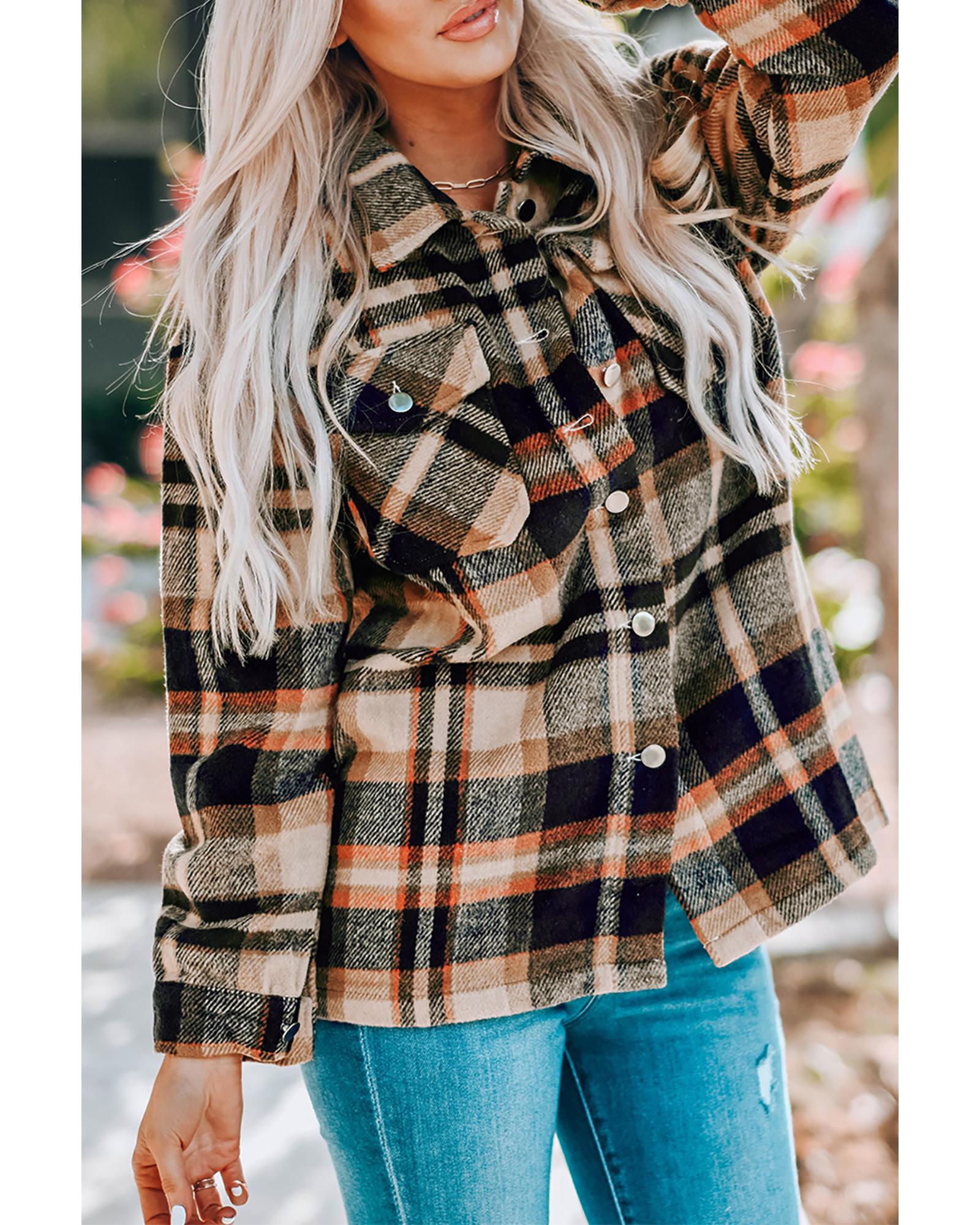 Orange Geometric Plaid Print Pocketed Shacket - M 7