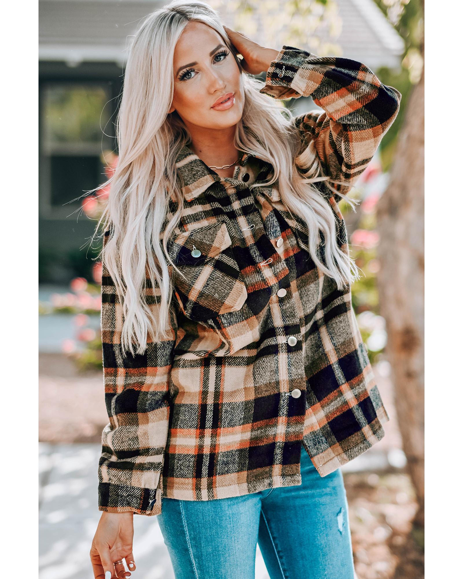 Orange Geometric Plaid Print Pocketed Shacket - M 8