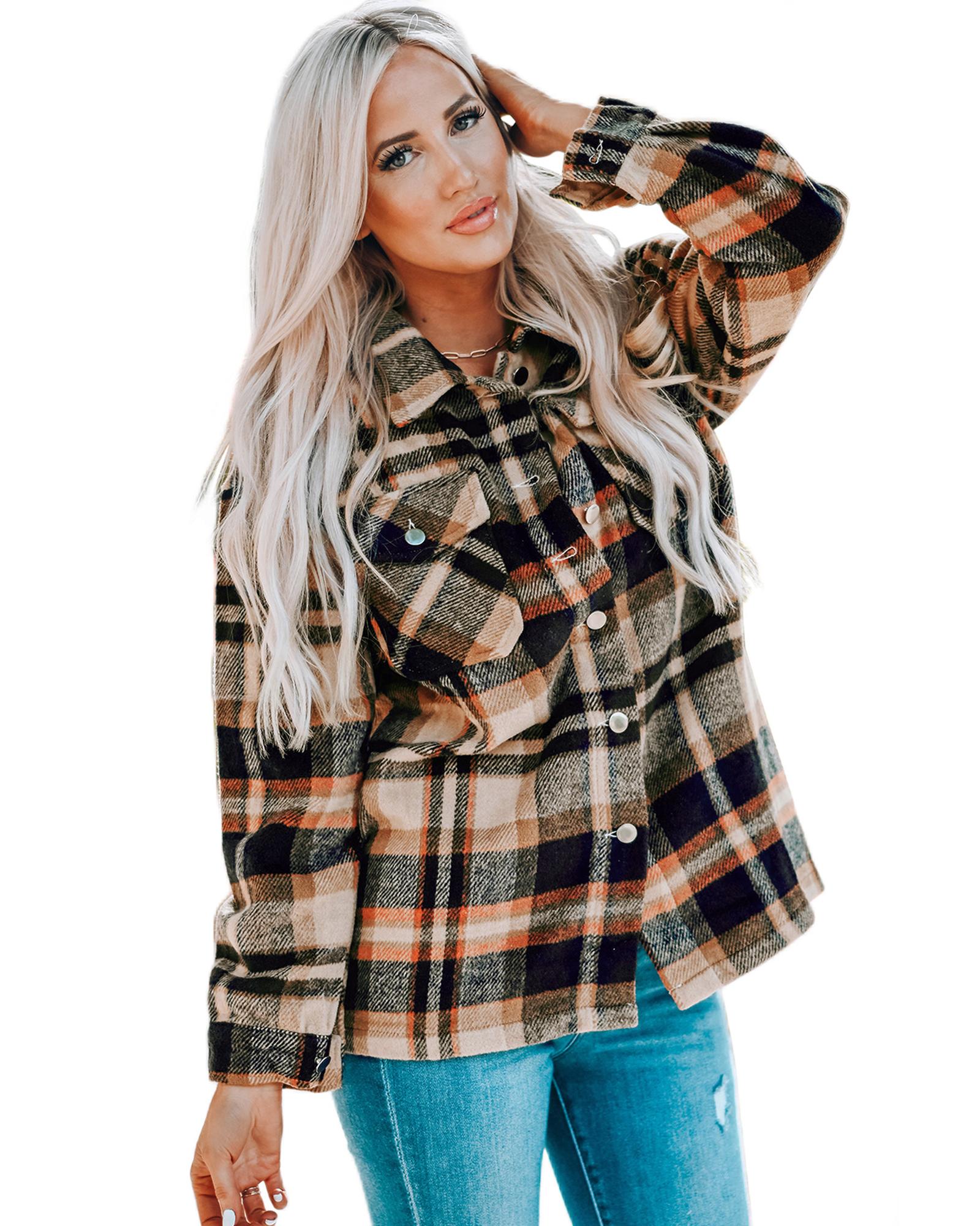 Orange Geometric Plaid Print Pocketed Shacket - XL