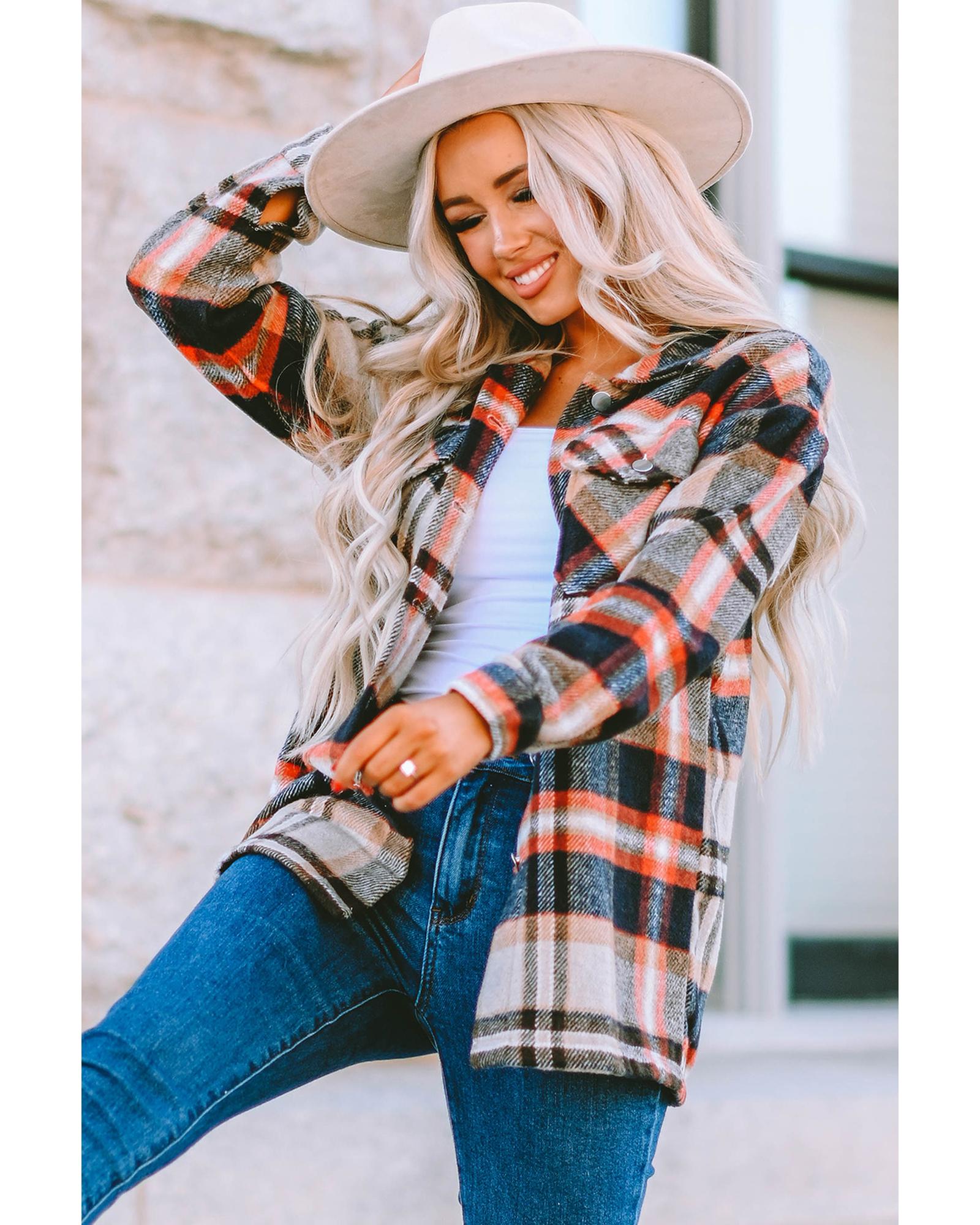 Azura Exchange Khaki Geometric Plaid Print Pocketed Shacket - XL