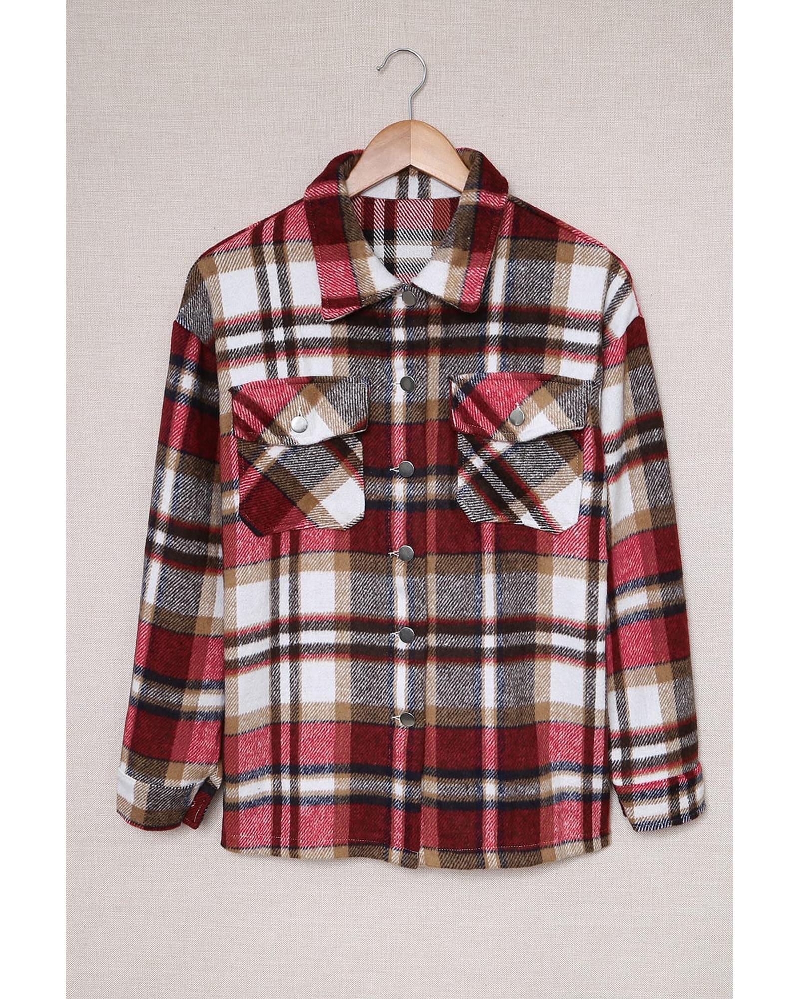 Azura Exchange Red Geometric Plaid Print Pocketed Shacket - L 5