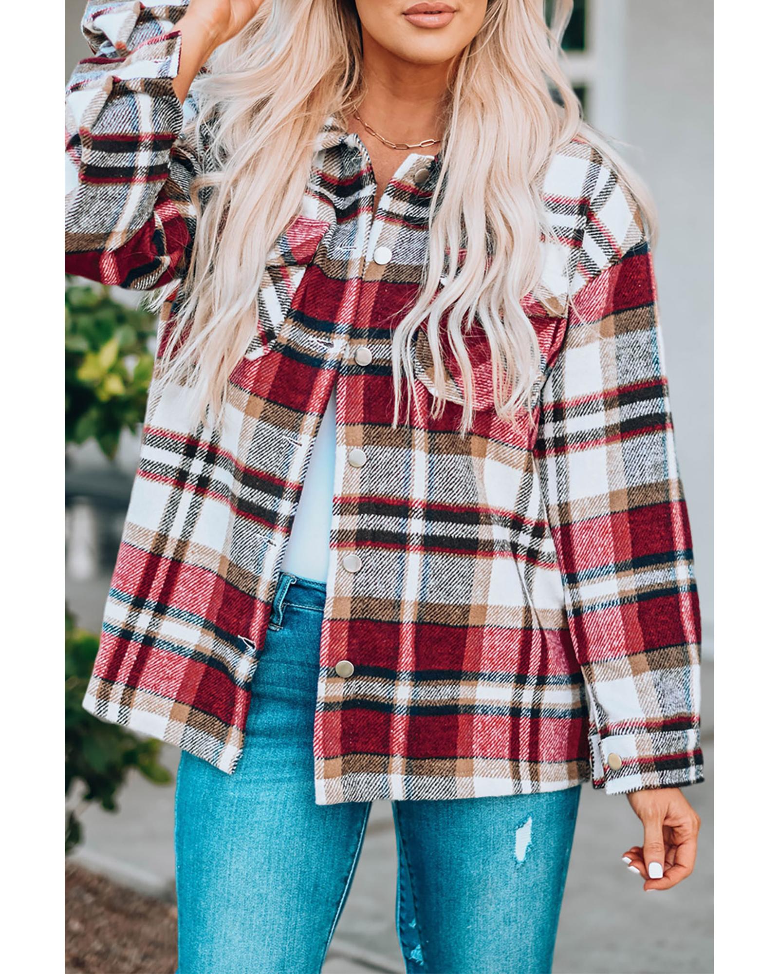 Azura Exchange Red Geometric Plaid Print Pocketed Shacket - M