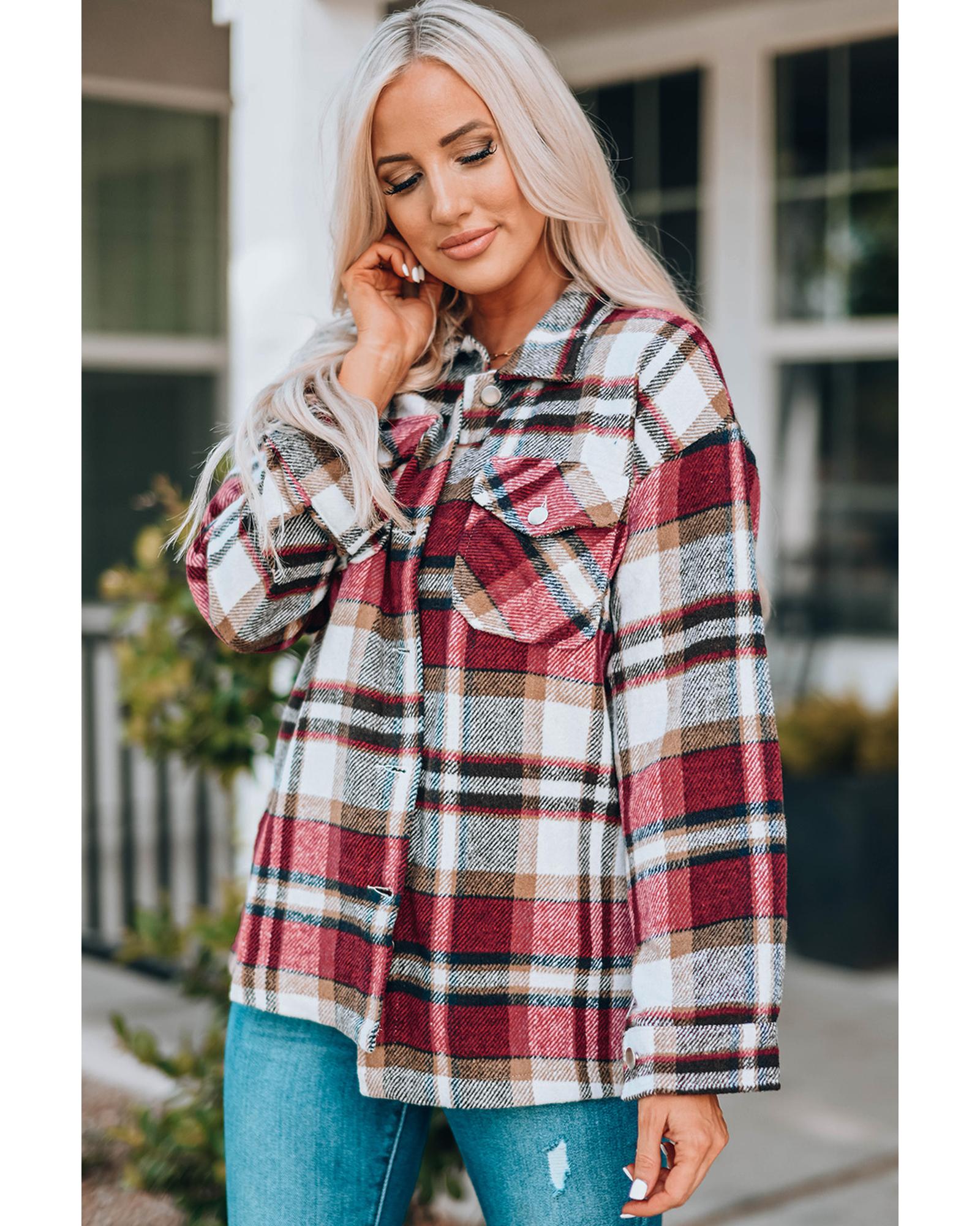 Azura Exchange Red Geometric Plaid Print Pocketed Shacket - M 3