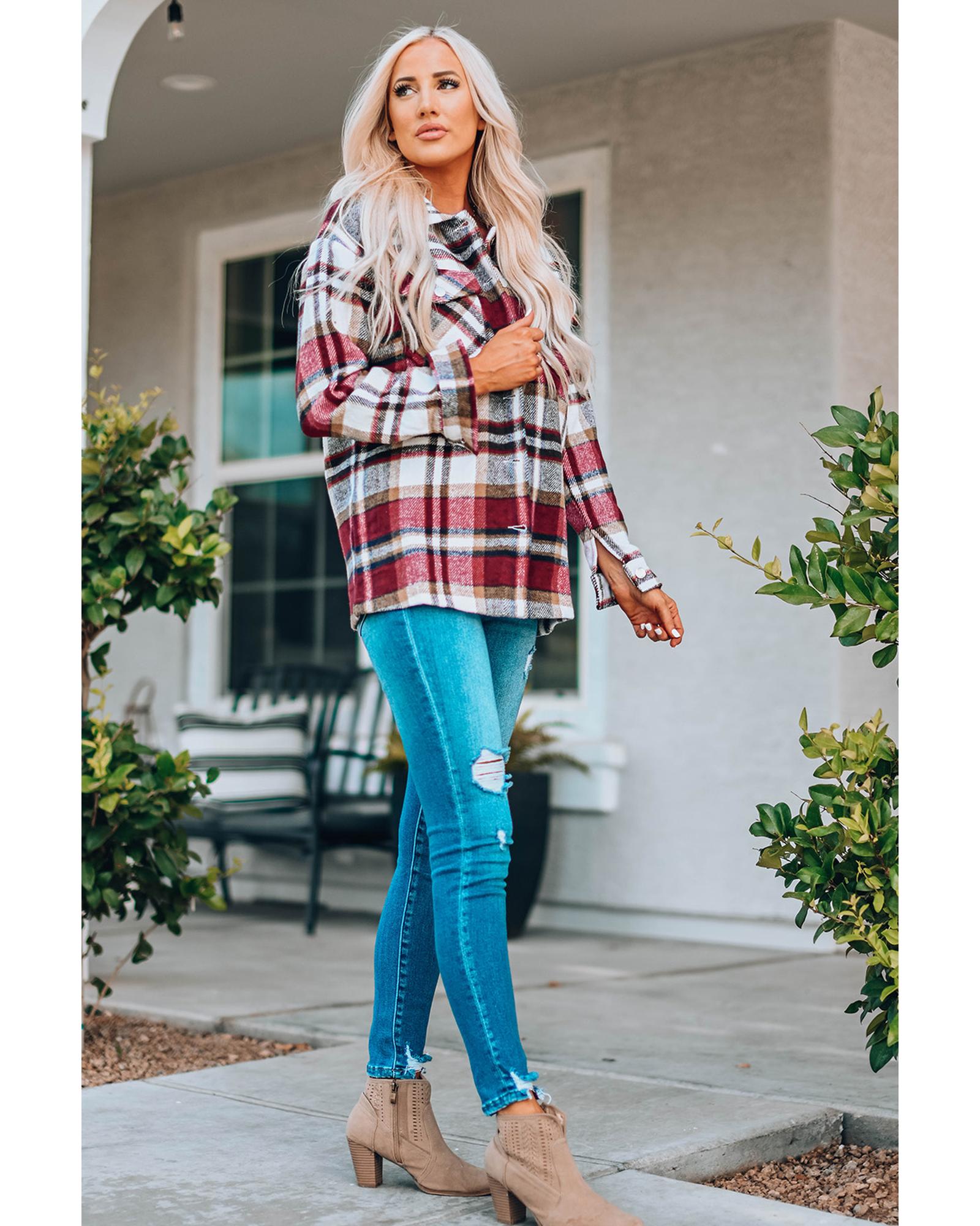 Azura Exchange Red Geometric Plaid Print Pocketed Shacket - S