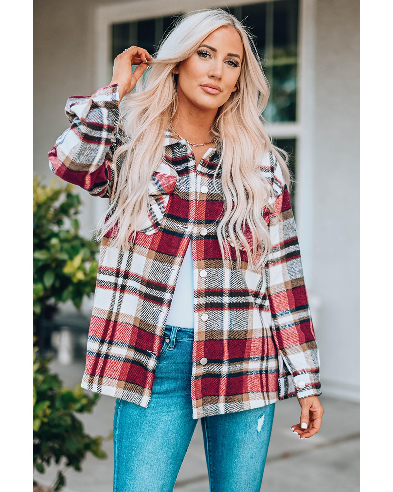 Azura Exchange Red Geometric Plaid Print Pocketed Shacket - XL