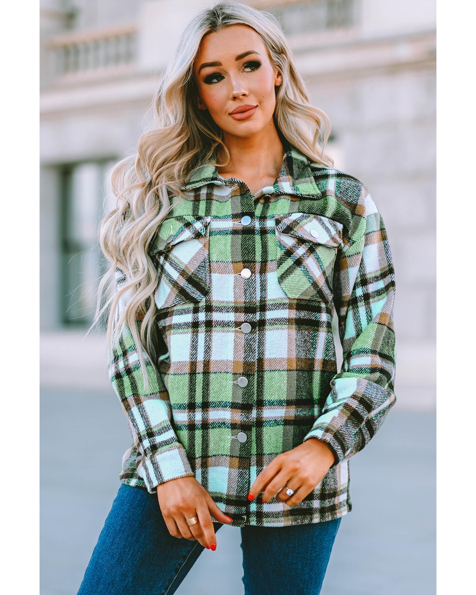 Green Geometric Plaid Print Pocketed Shacket - XL 5