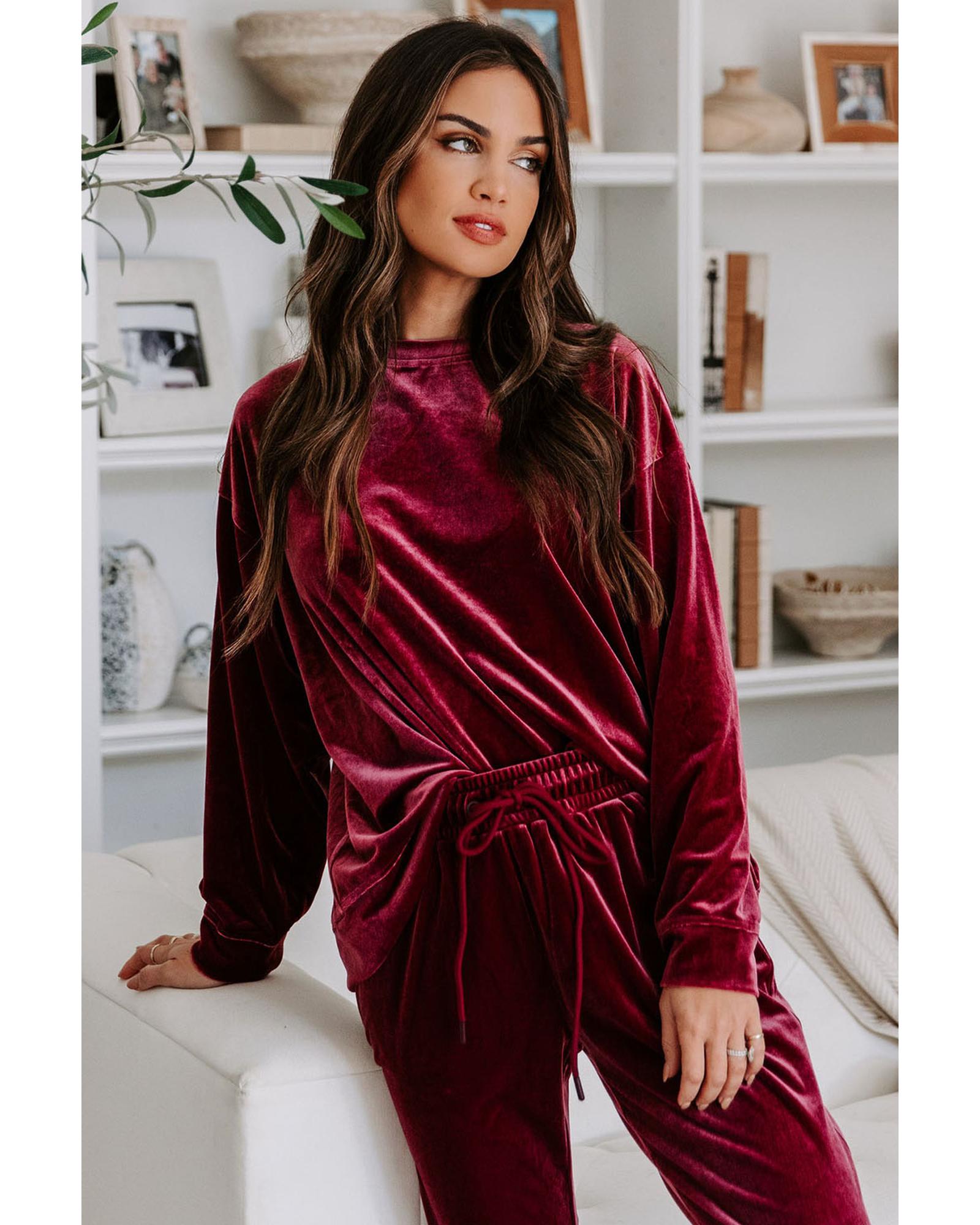 Fiery Red Solid Velvet Two Piece Lounge Set - L