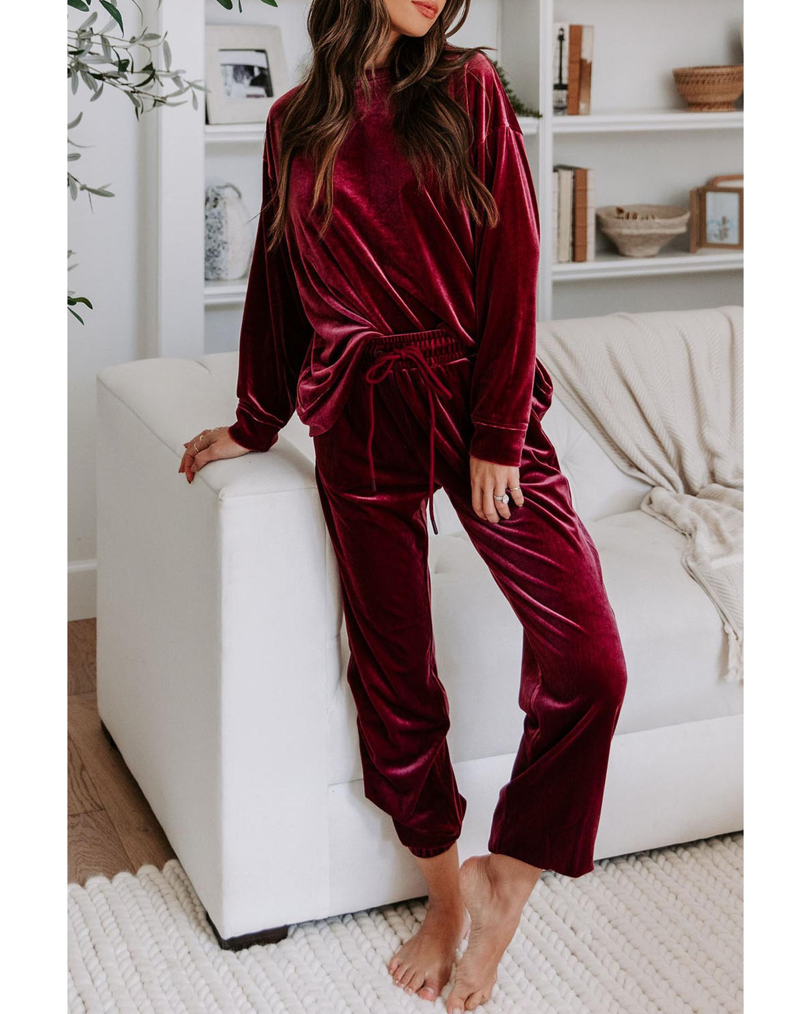 Fiery Red Solid Velvet Two Piece Lounge Set - L 3