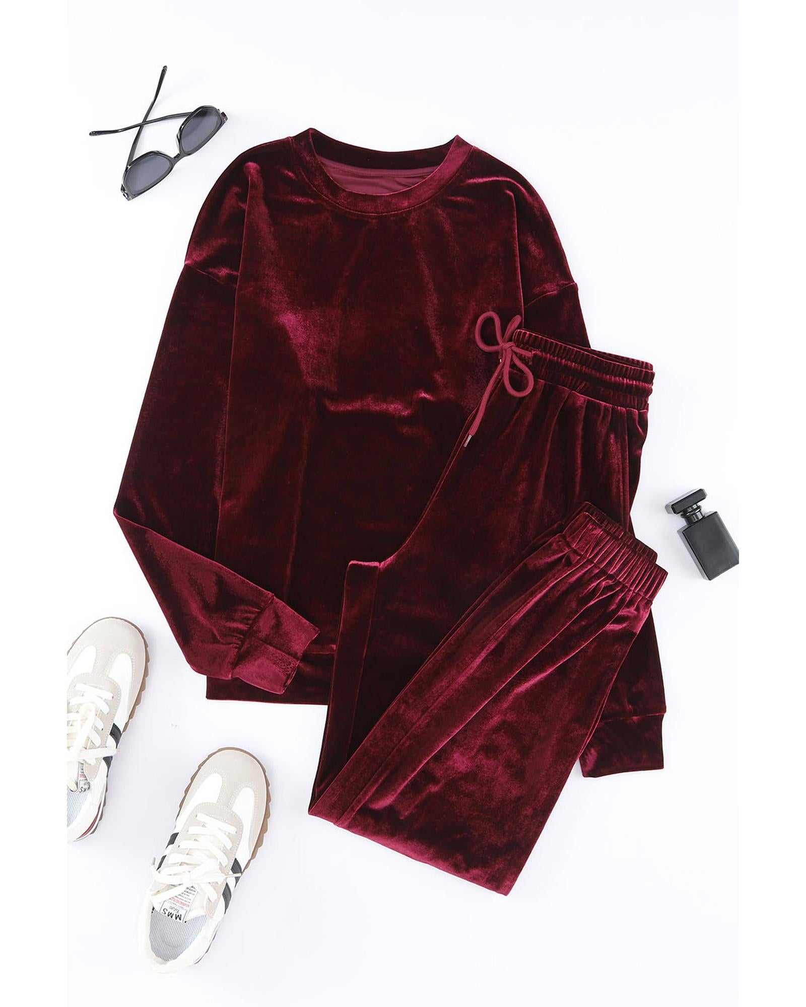Fiery Red Solid Velvet Two Piece Lounge Set - L 6