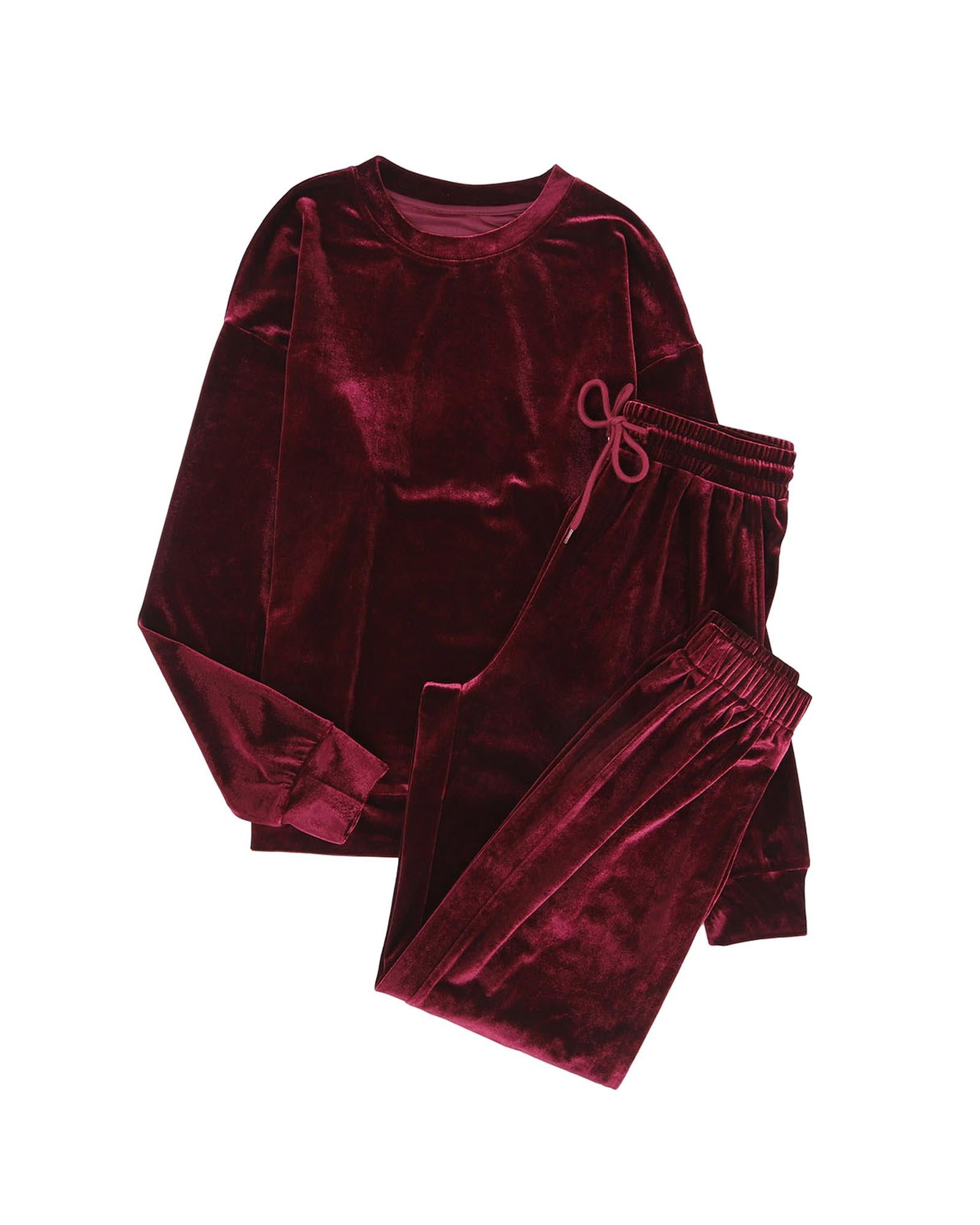 Fiery Red Solid Velvet Two Piece Lounge Set - L 8