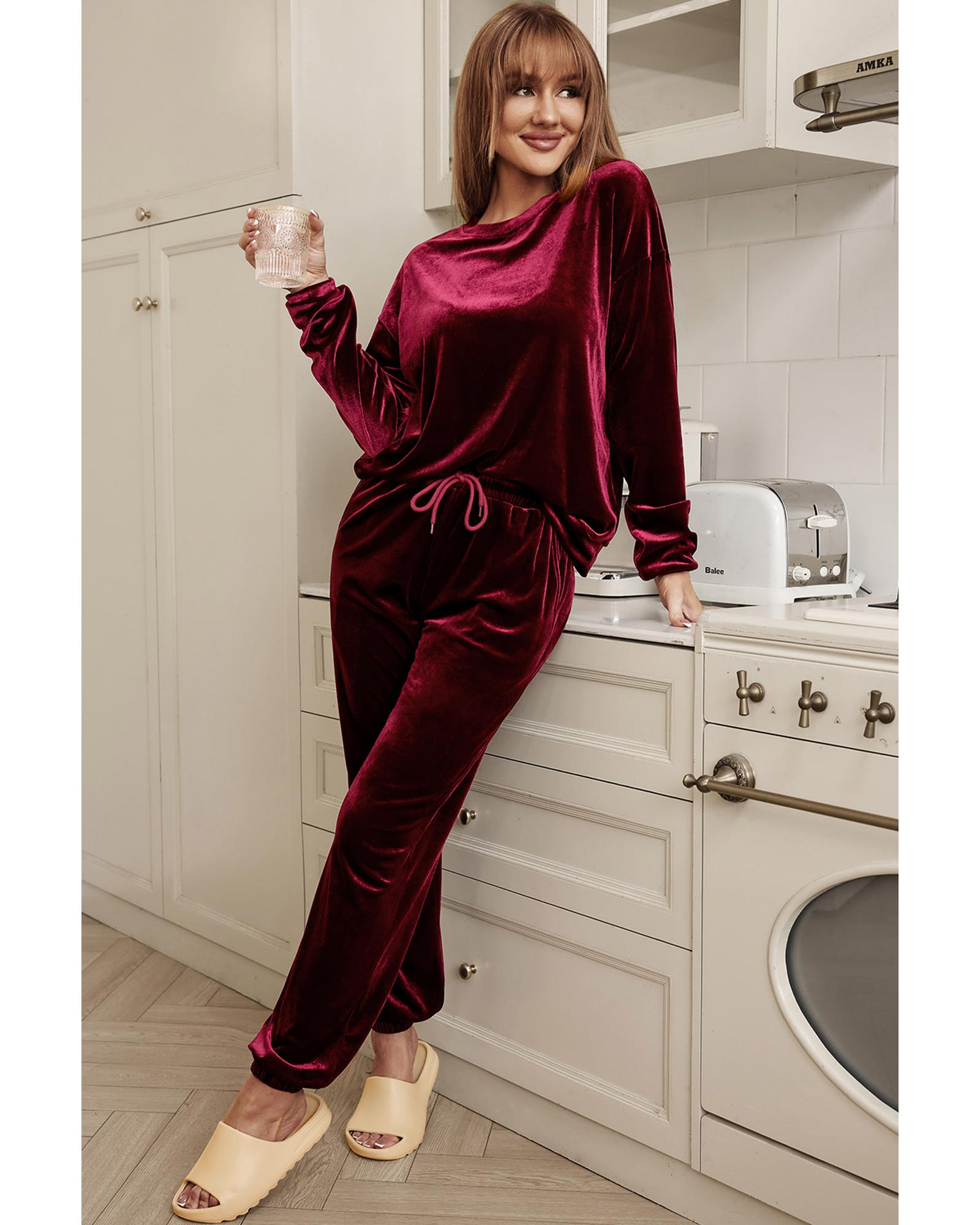 Fiery Red Solid Velvet Two Piece Lounge Set - XL 5