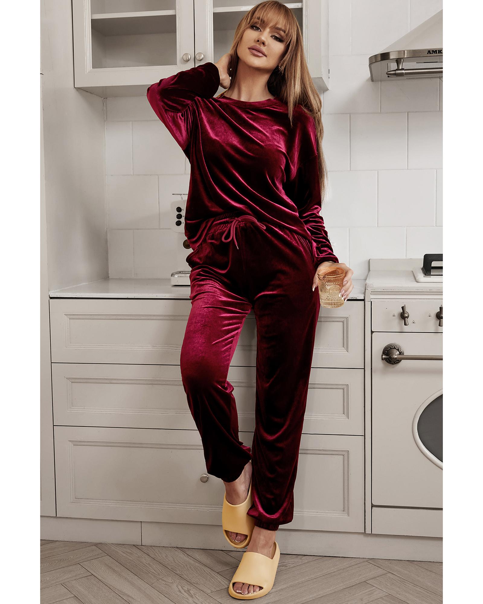 Fiery Red Solid Velvet Two Piece Lounge Set - XL 7