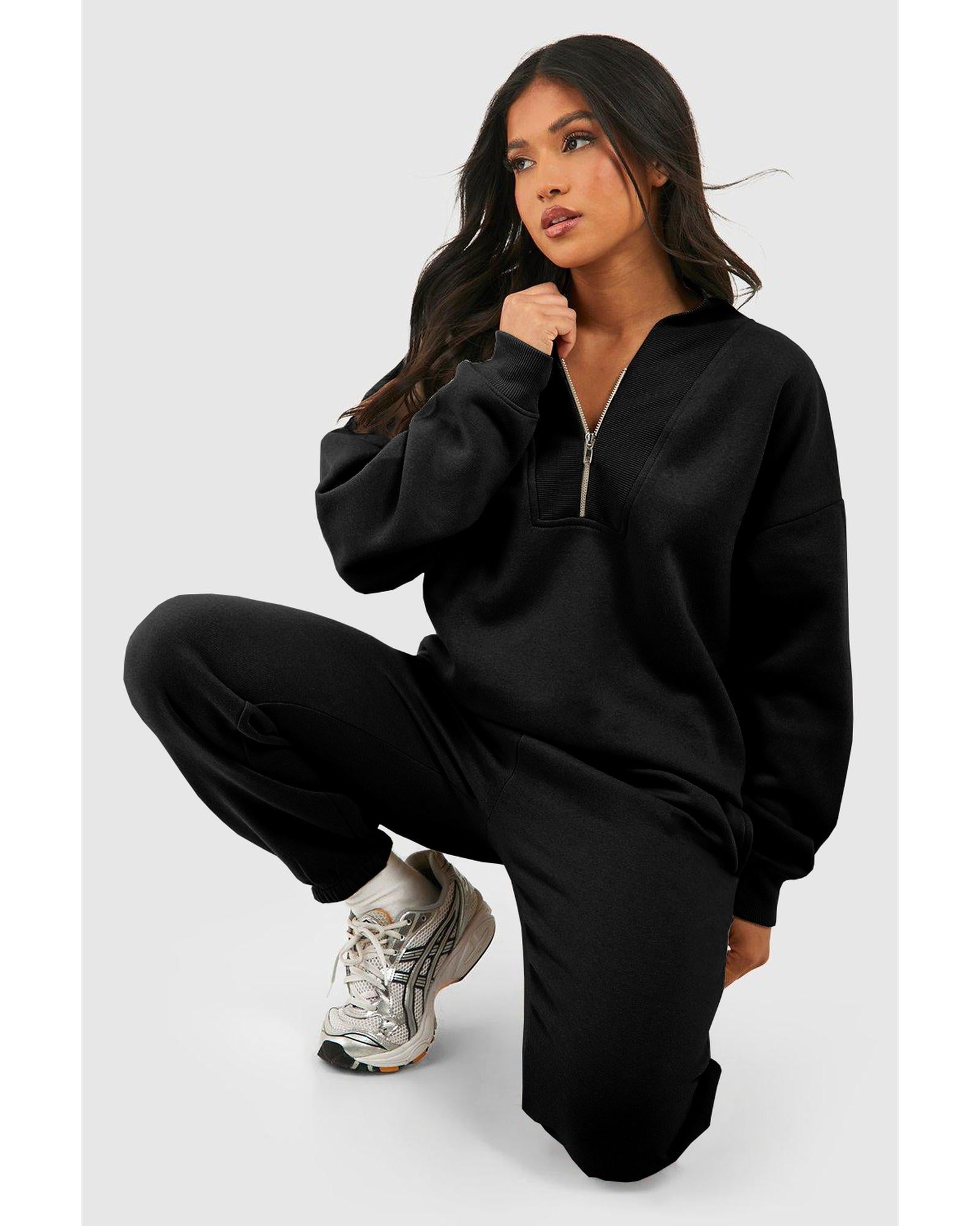 Black Plain Half Zip V Neck Ribbed Edge Loose Tracksuit - 2XL