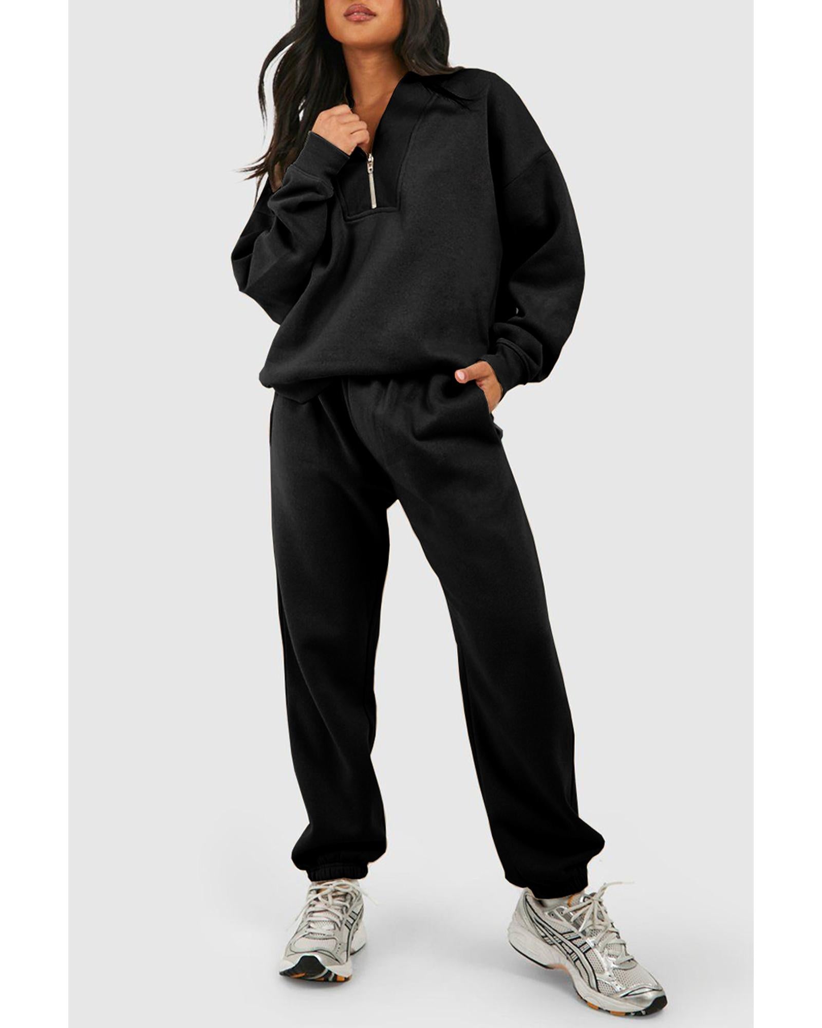 Black Plain Half Zip V Neck Ribbed Edge Loose Tracksuit - 2XL 3