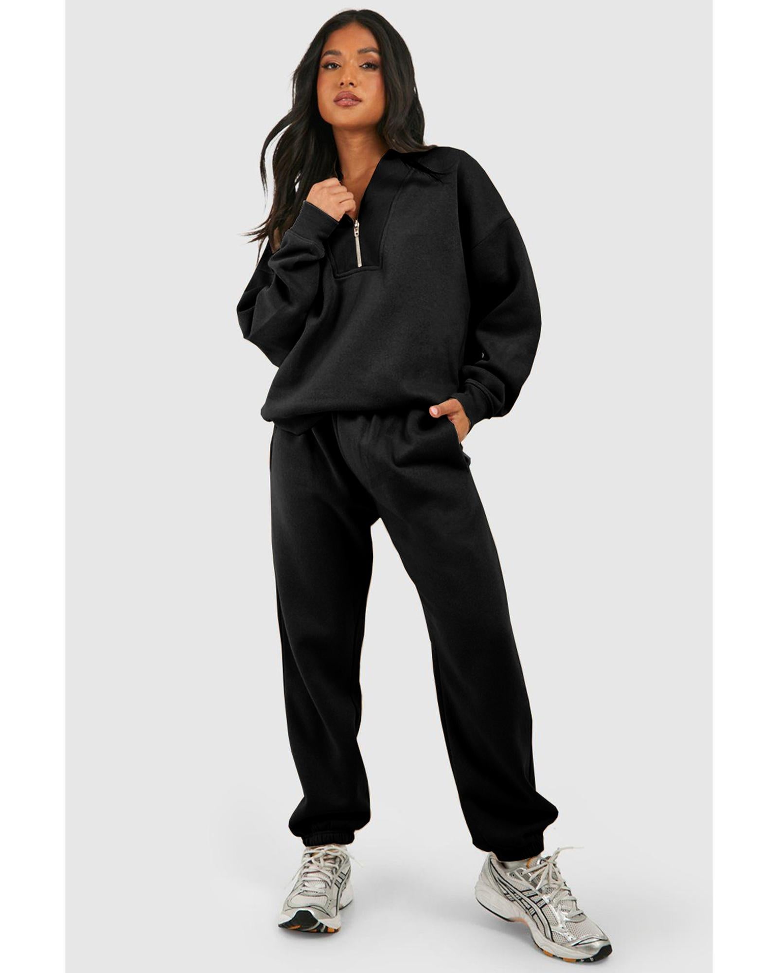 Black Plain Half Zip V Neck Ribbed Edge Loose Tracksuit - 2XL 4