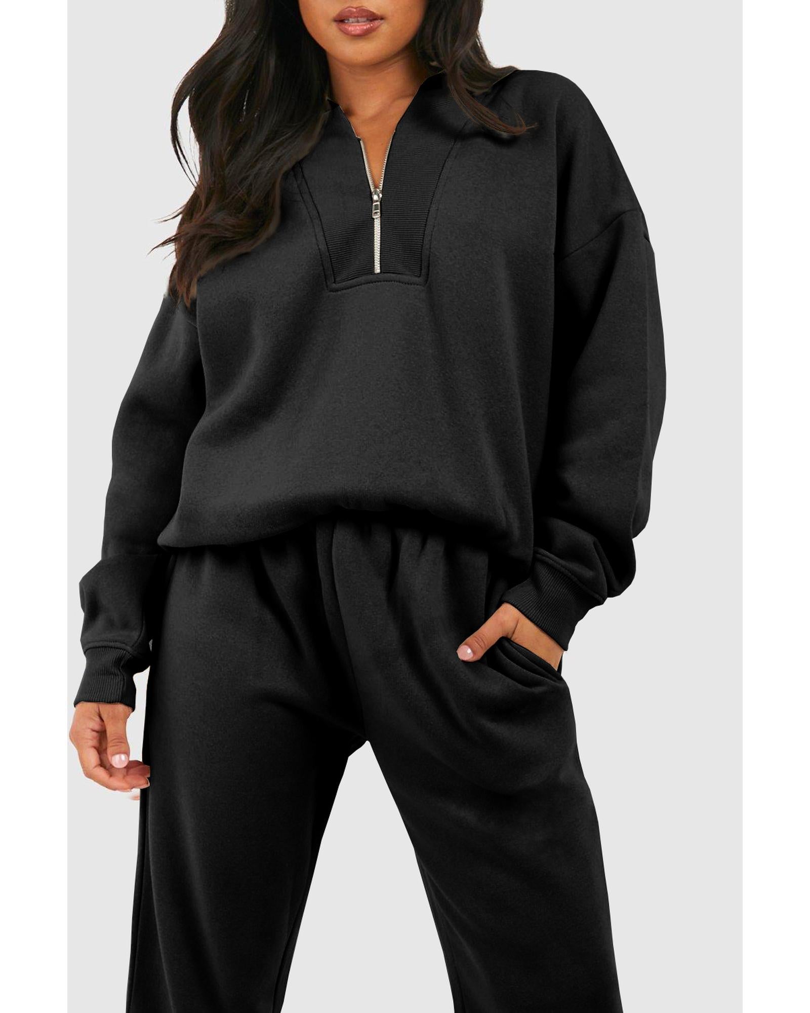 Black Plain Half Zip V Neck Ribbed Edge Loose Tracksuit - 2XL 5