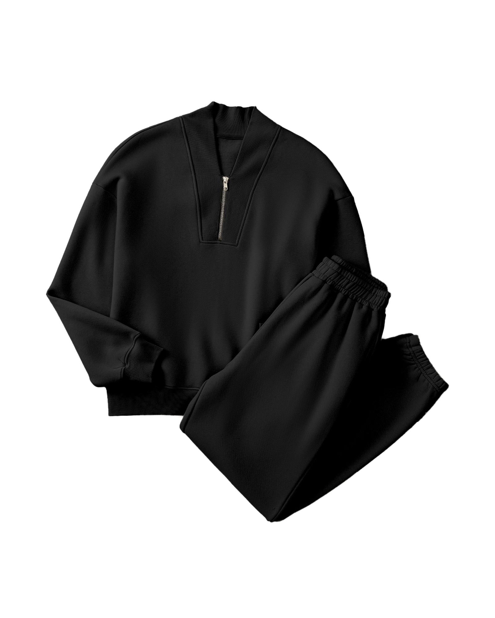 Black Plain Half Zip V Neck Ribbed Edge Loose Tracksuit - 2XL 6