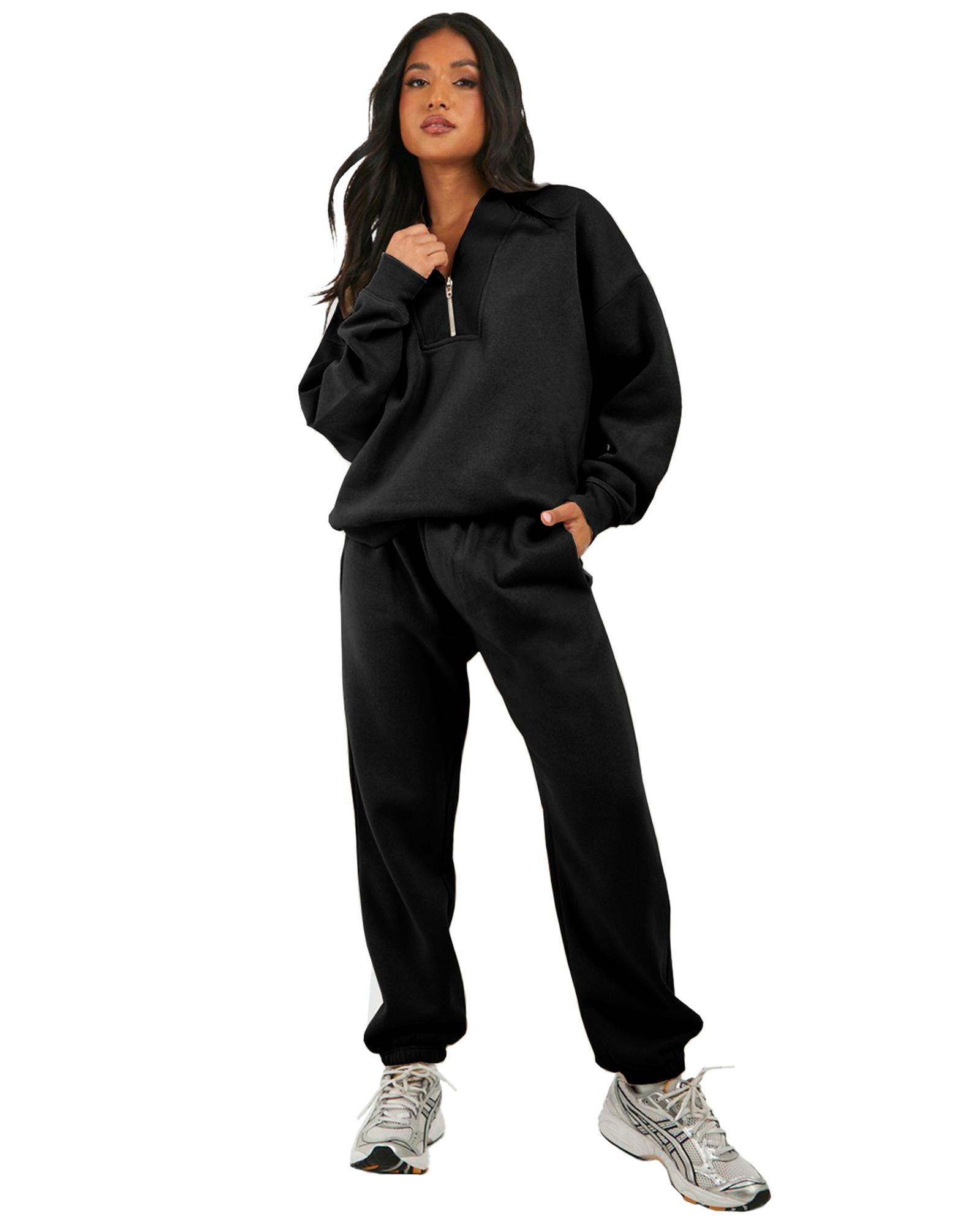 Black Plain Half Zip V Neck Ribbed Edge Loose Tracksuit - 2XL 8