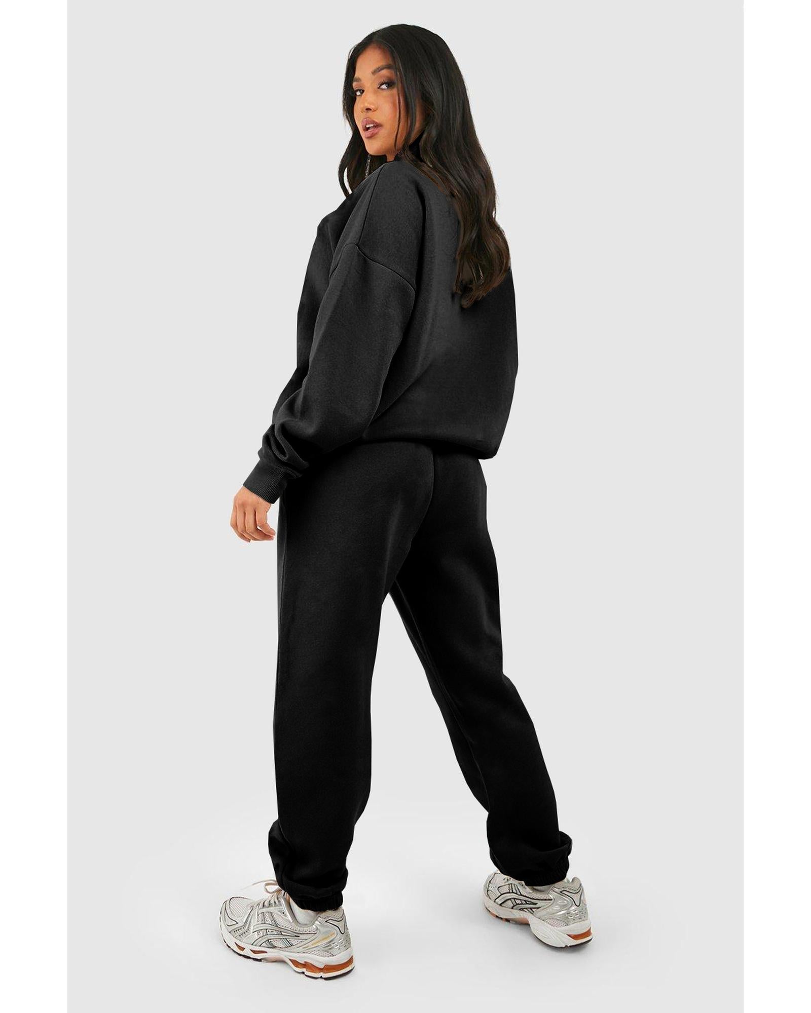 Black Plain Half Zip V Neck Ribbed Edge Loose Tracksuit - XL