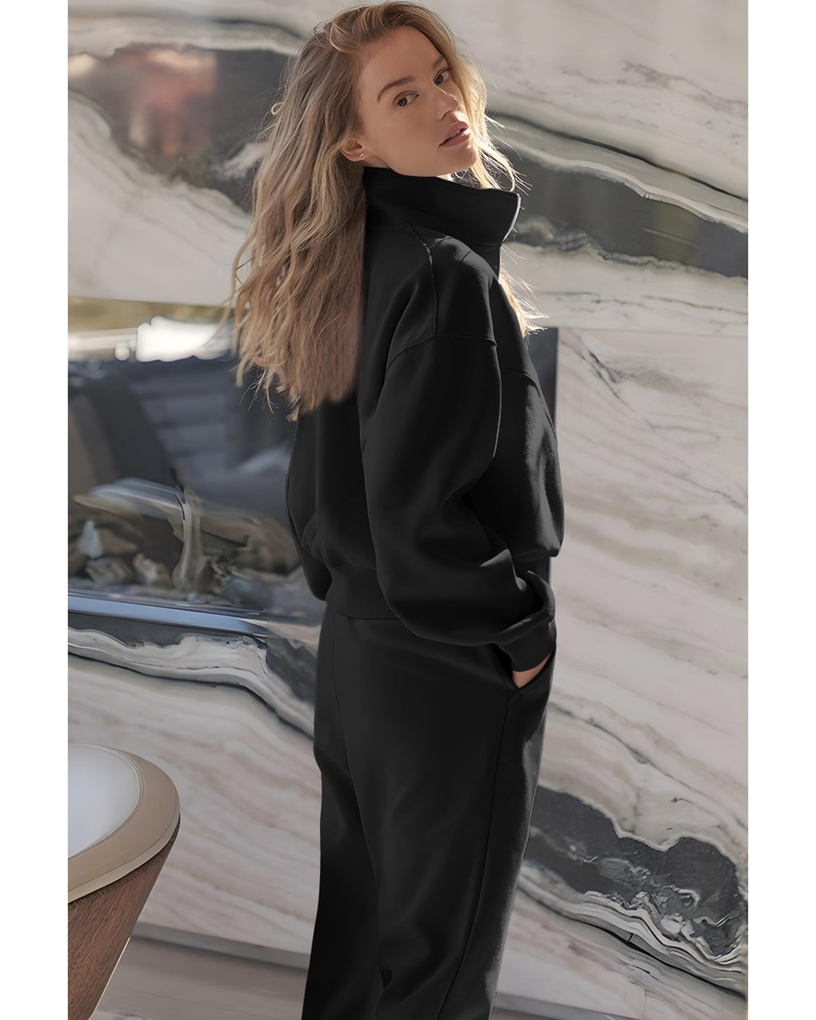 Black Half Zip up Pullover Active Top and Joggers Set - L 4