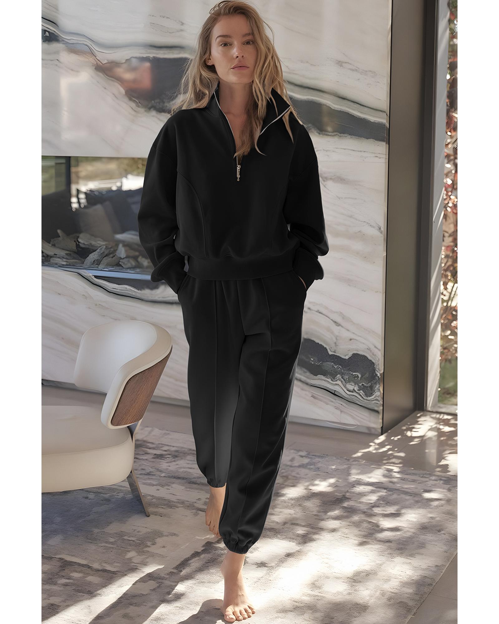 Black Half Zip up Pullover Active Top and Joggers Set - M 5