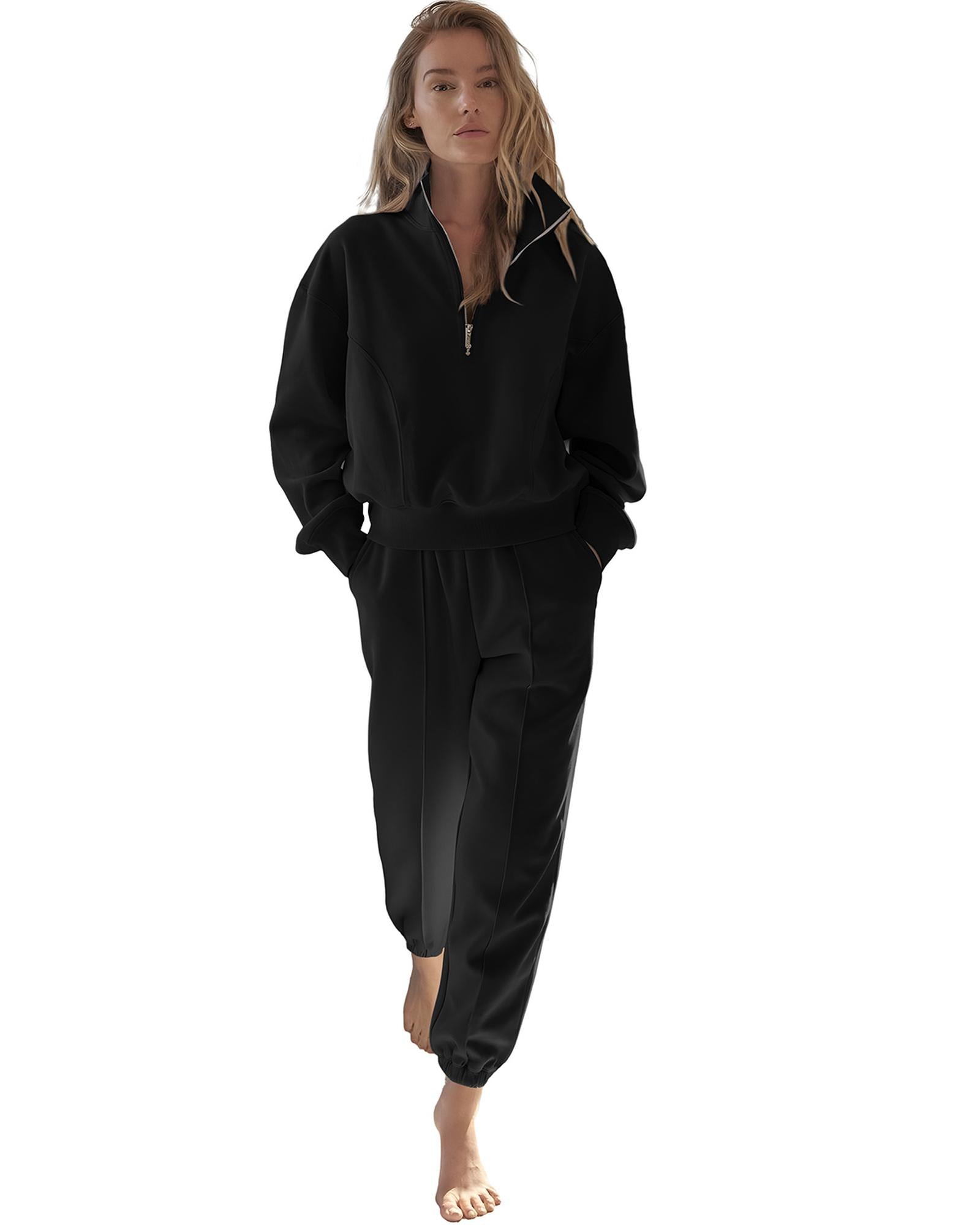 Black Half Zip up Pullover Active Top and Joggers Set - S