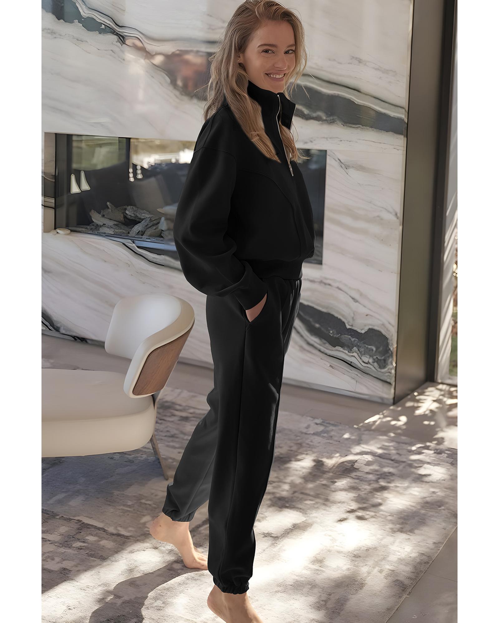 Black Half Zip up Pullover Active Top and Joggers Set - XL