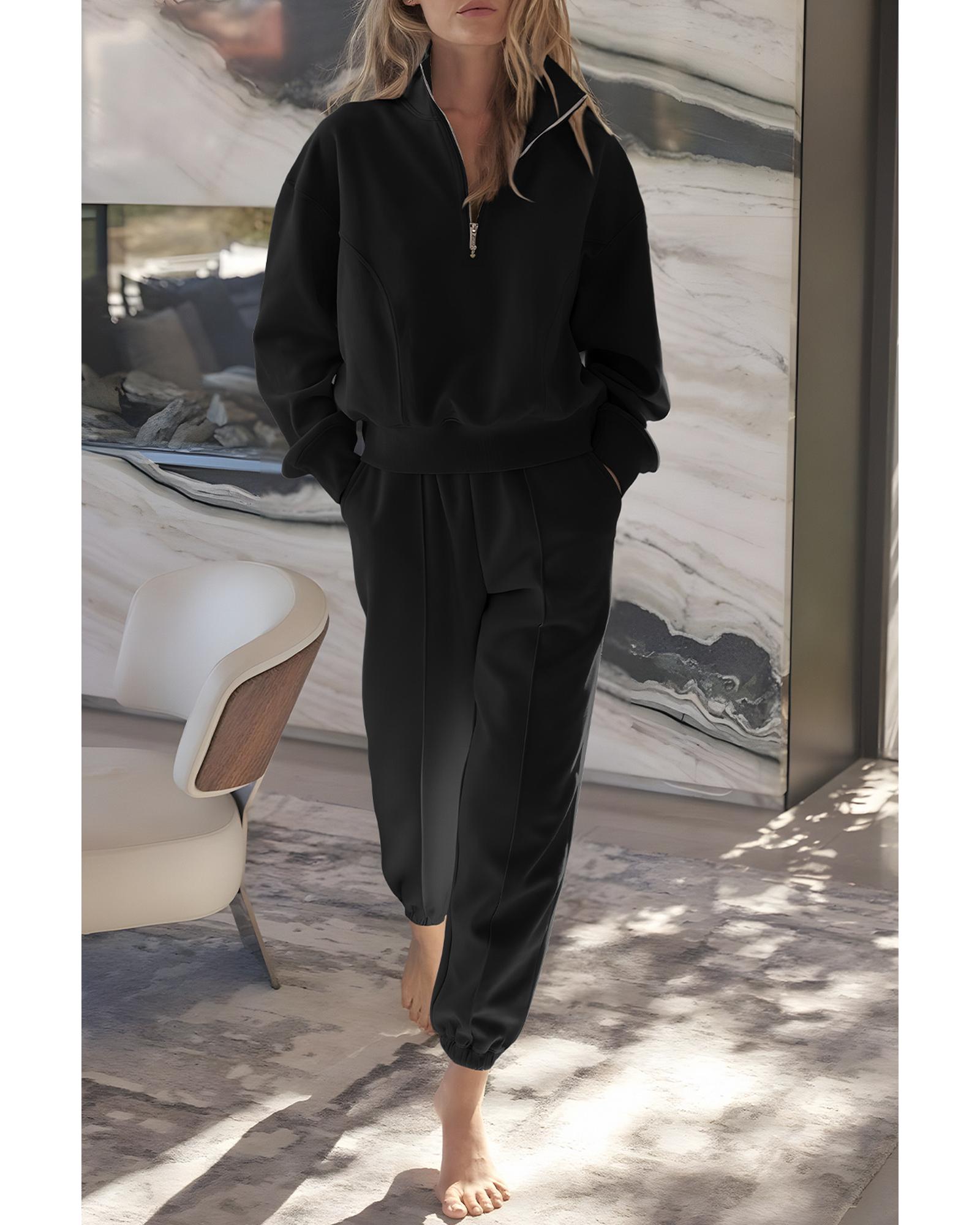 Black Half Zip up Pullover Active Top and Joggers Set - XL 3